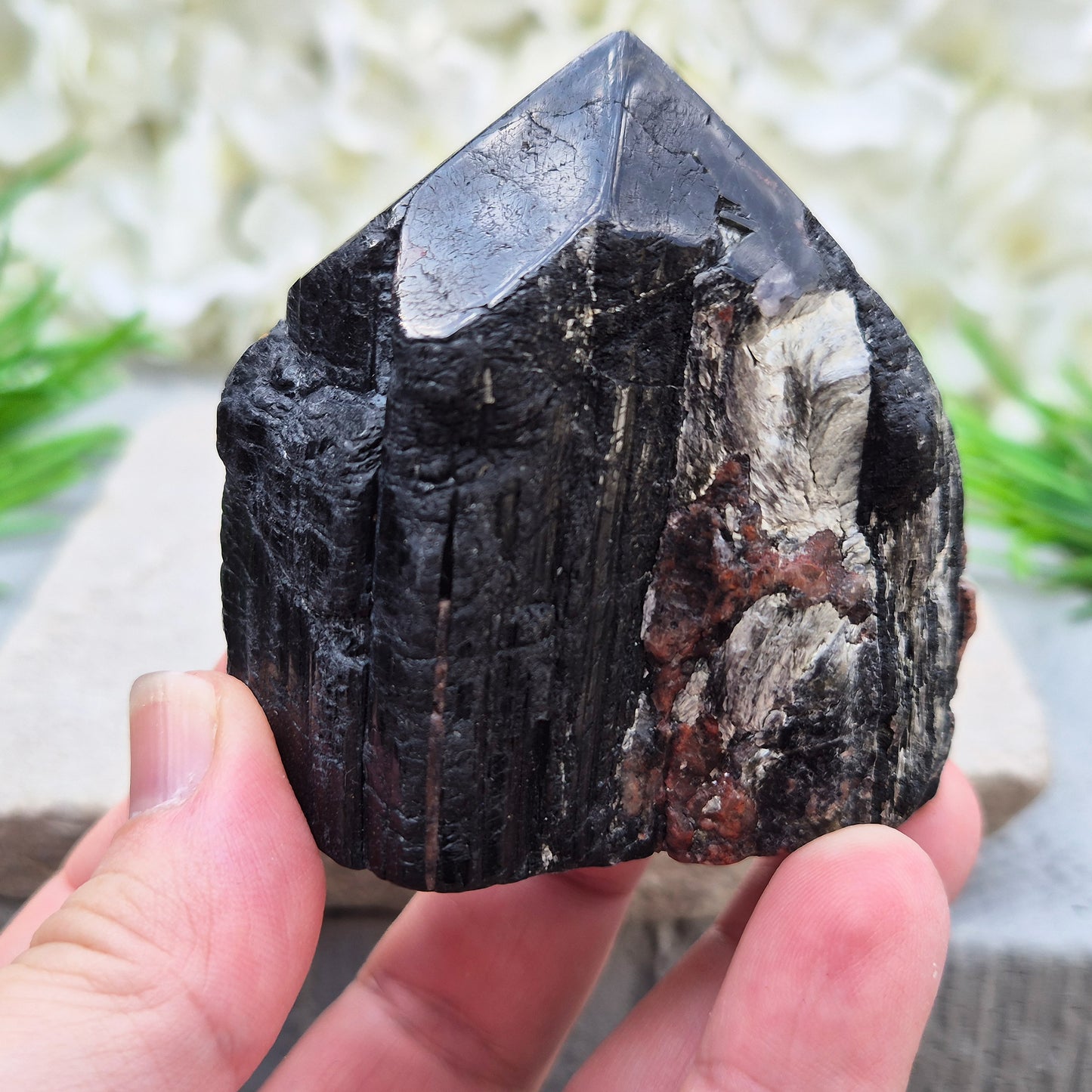 Hand-picked A grade Black Tourmaline standing point from a UK independent shop. Known for grounding energy — a striking, one-of-a-kind piece.