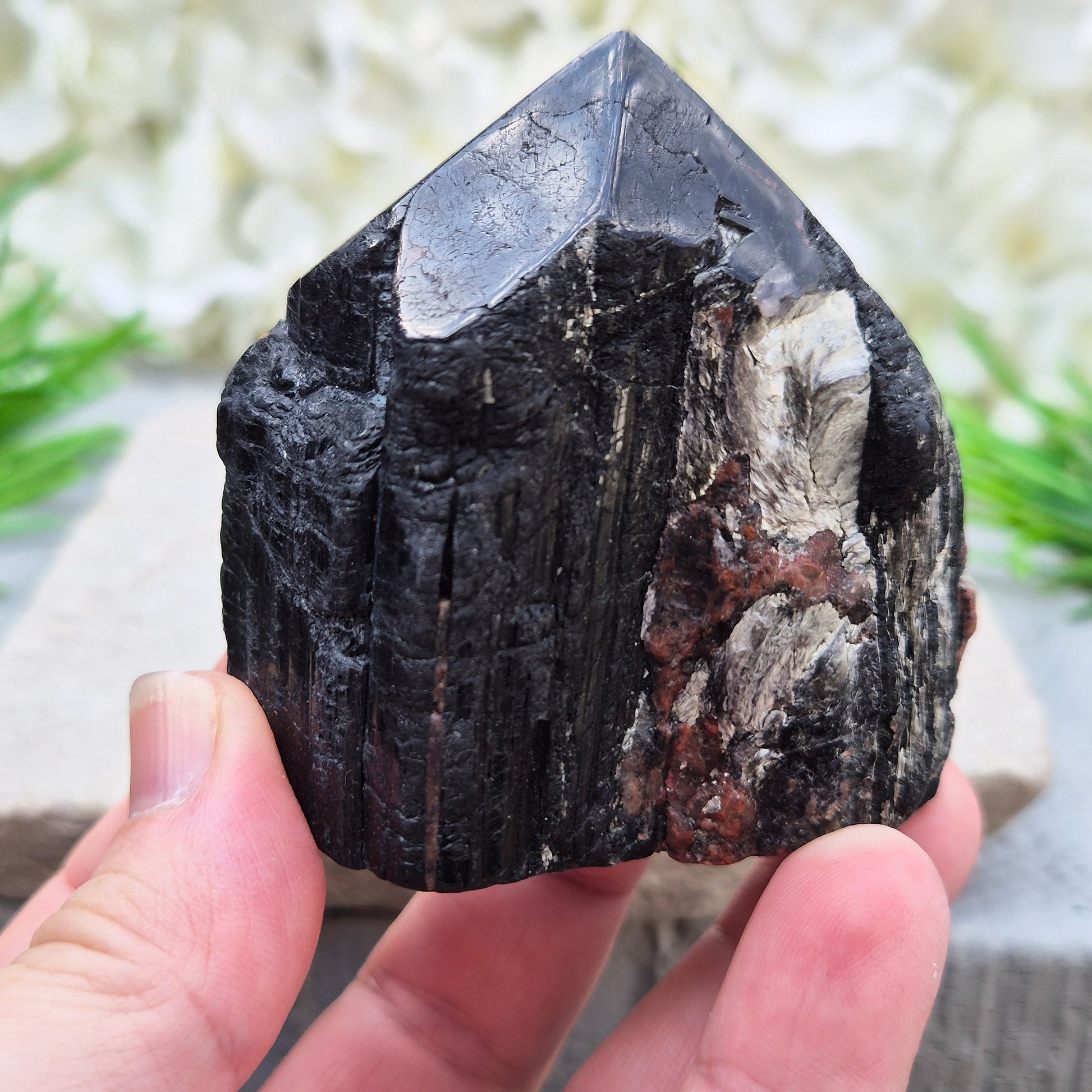 Hand-picked A grade Black Tourmaline standing point from a UK independent shop. Known for grounding energy — a striking, one-of-a-kind piece.