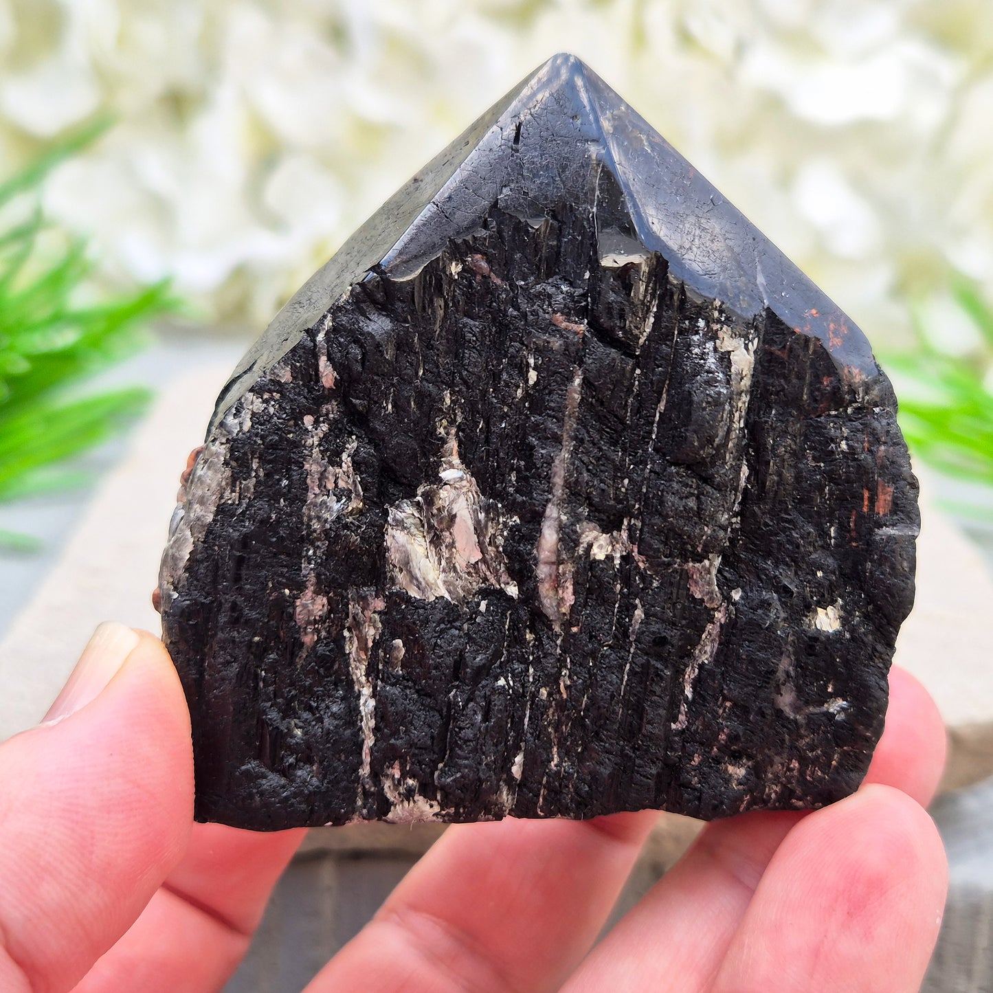 Hand-picked A grade Black Tourmaline standing point from a UK independent shop. Known for grounding energy — a striking, one-of-a-kind piece.