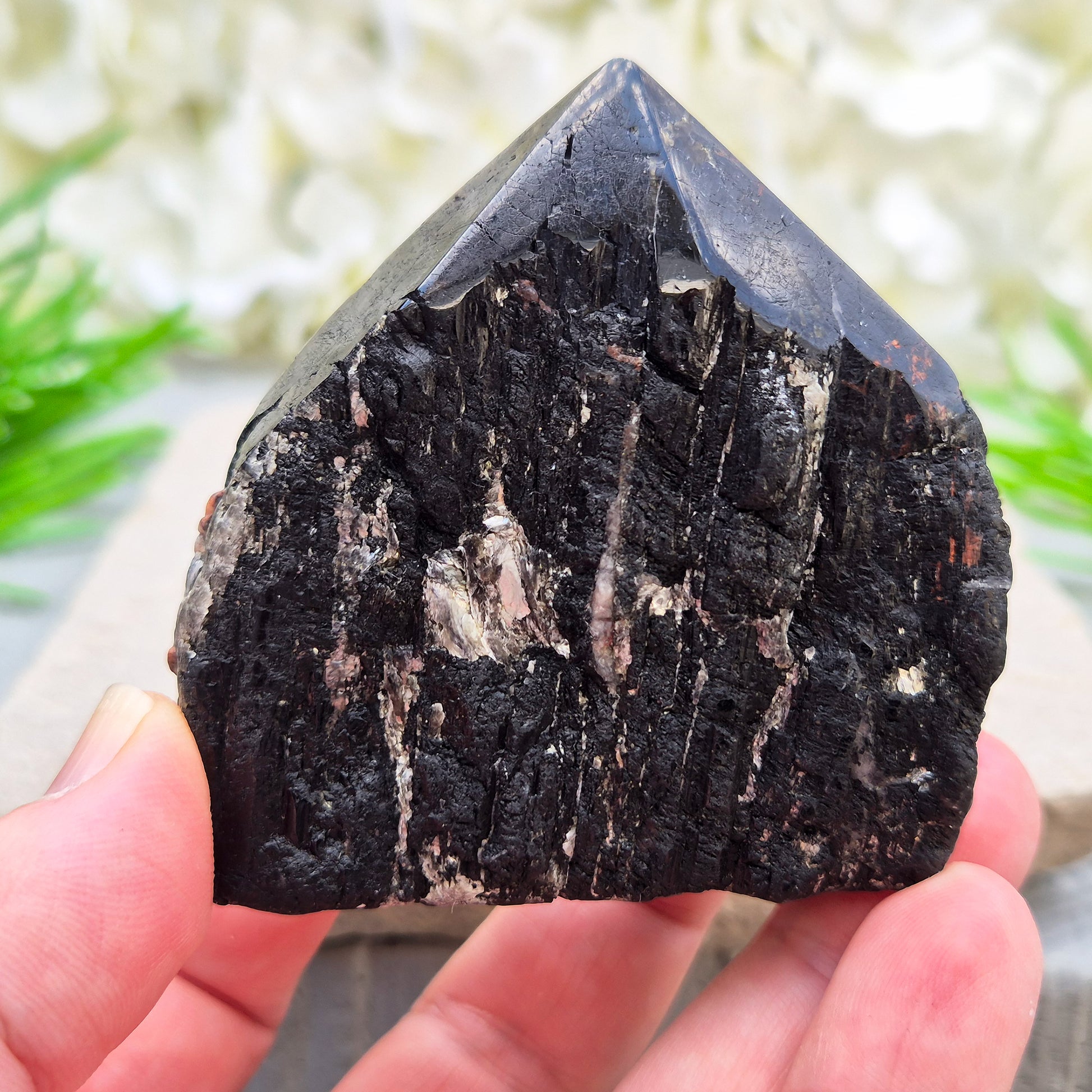 Hand-picked A grade Black Tourmaline standing point from a UK independent shop. Known for grounding energy — a striking, one-of-a-kind piece.