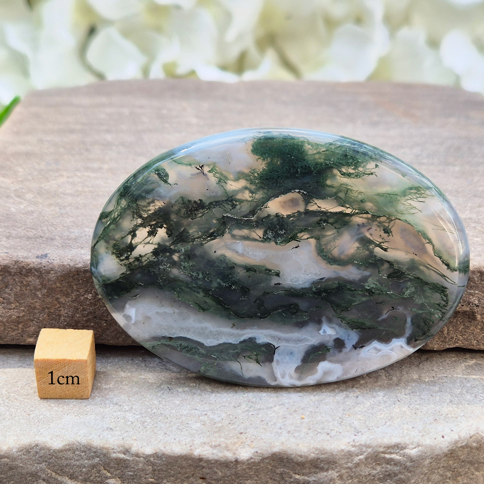 Polished Moss Agate palm stone. Known as a stone of nature, grounding and growth, it supports balance, stability and a calm, centred mind.