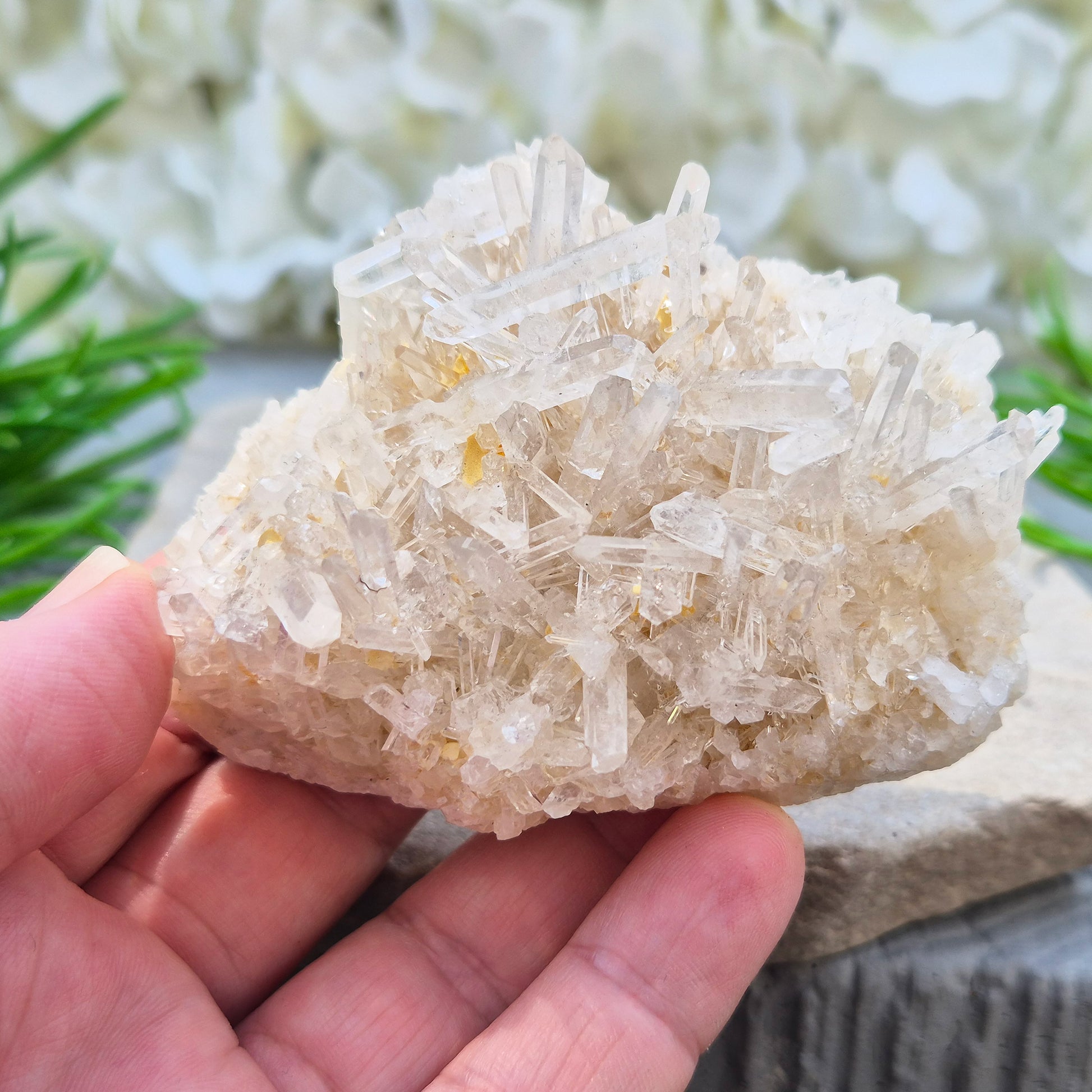 Himalayan Quartz Cluster from India. High-altitude, hand-mined crystal for grounding, focus, energy balance and amplifying other stones.