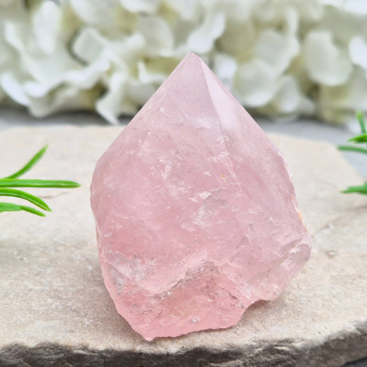 Lovely Rose Quartz standing point from Brazil. Promotes self-love, calm, and emotional healing. Perfect for display, meditation, or heart chakra work.