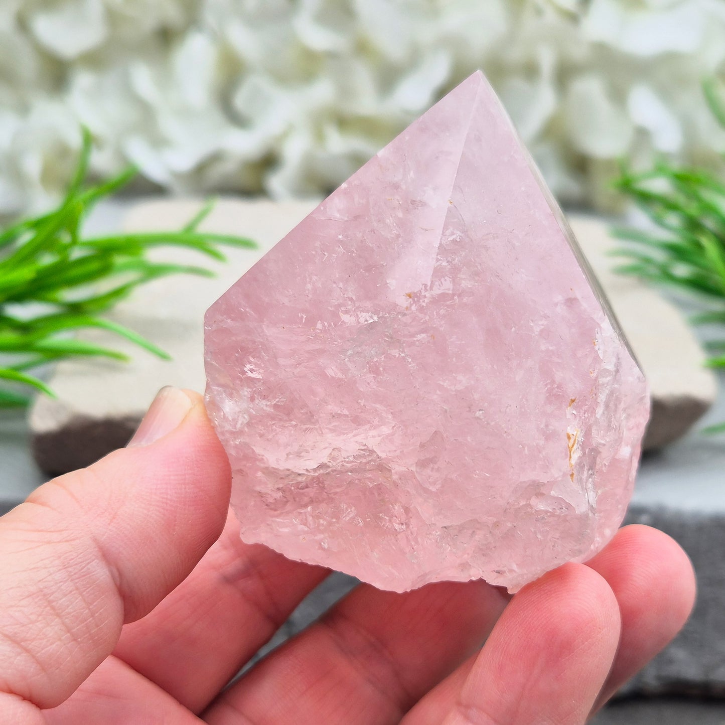 Lovely Rose Quartz standing point from Brazil. Promotes self-love, calm, and emotional healing. Perfect for display, meditation, or heart chakra work.