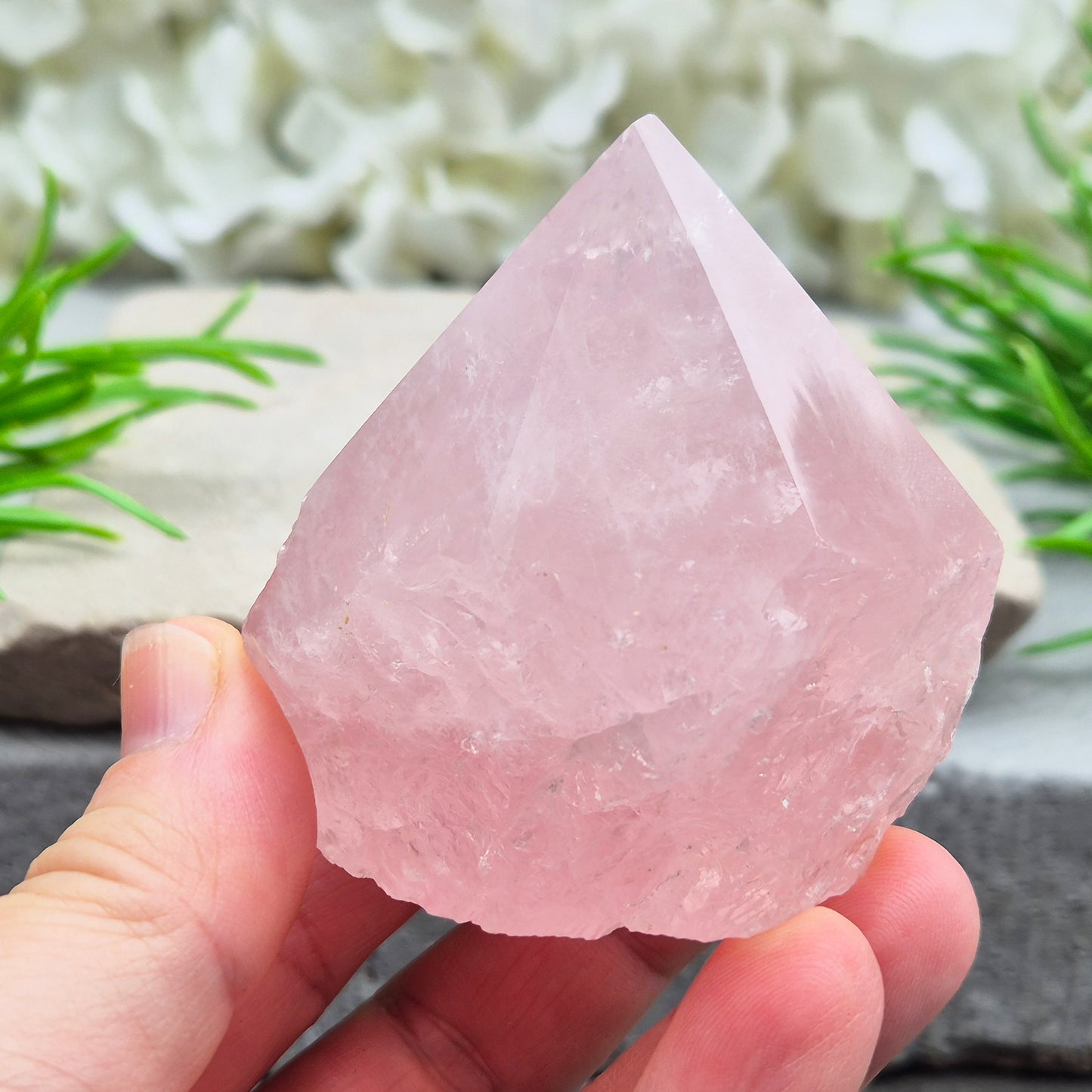 Lovely Rose Quartz standing point from Brazil. Promotes self-love, calm, and emotional healing. Perfect for display, meditation, or heart chakra work.