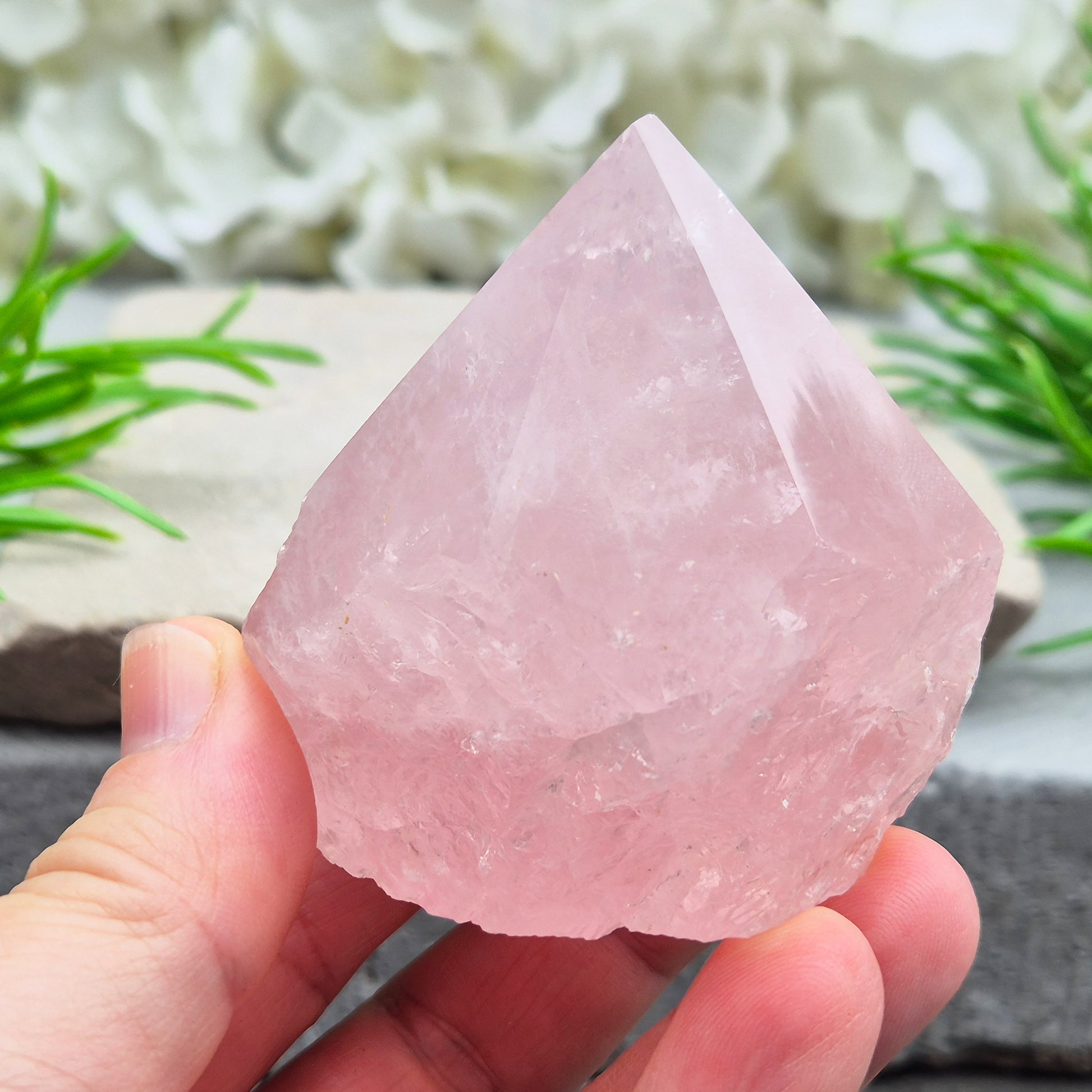 Lovely Rose Quartz standing point from Brazil. Promotes self-love, calm, and emotional healing. Perfect for display, meditation, or heart chakra work.