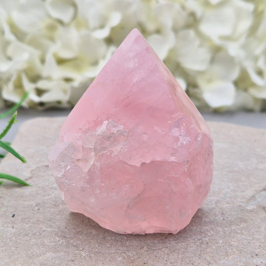 Pink Rose Quartz standing point from Brazil. Promotes self-love, calm, and emotional healing. Perfect for display, meditation, or heart chakra work. 
