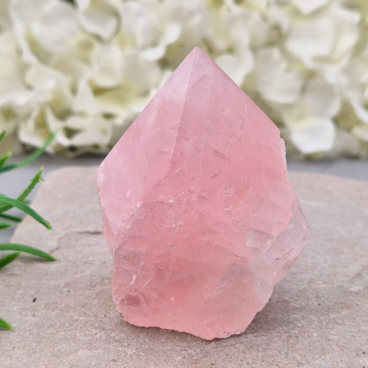 Pink Rose Quartz standing point from Brazil. Promotes self-love, calm, and emotional healing. Perfect for display, meditation, or heart chakra work. 