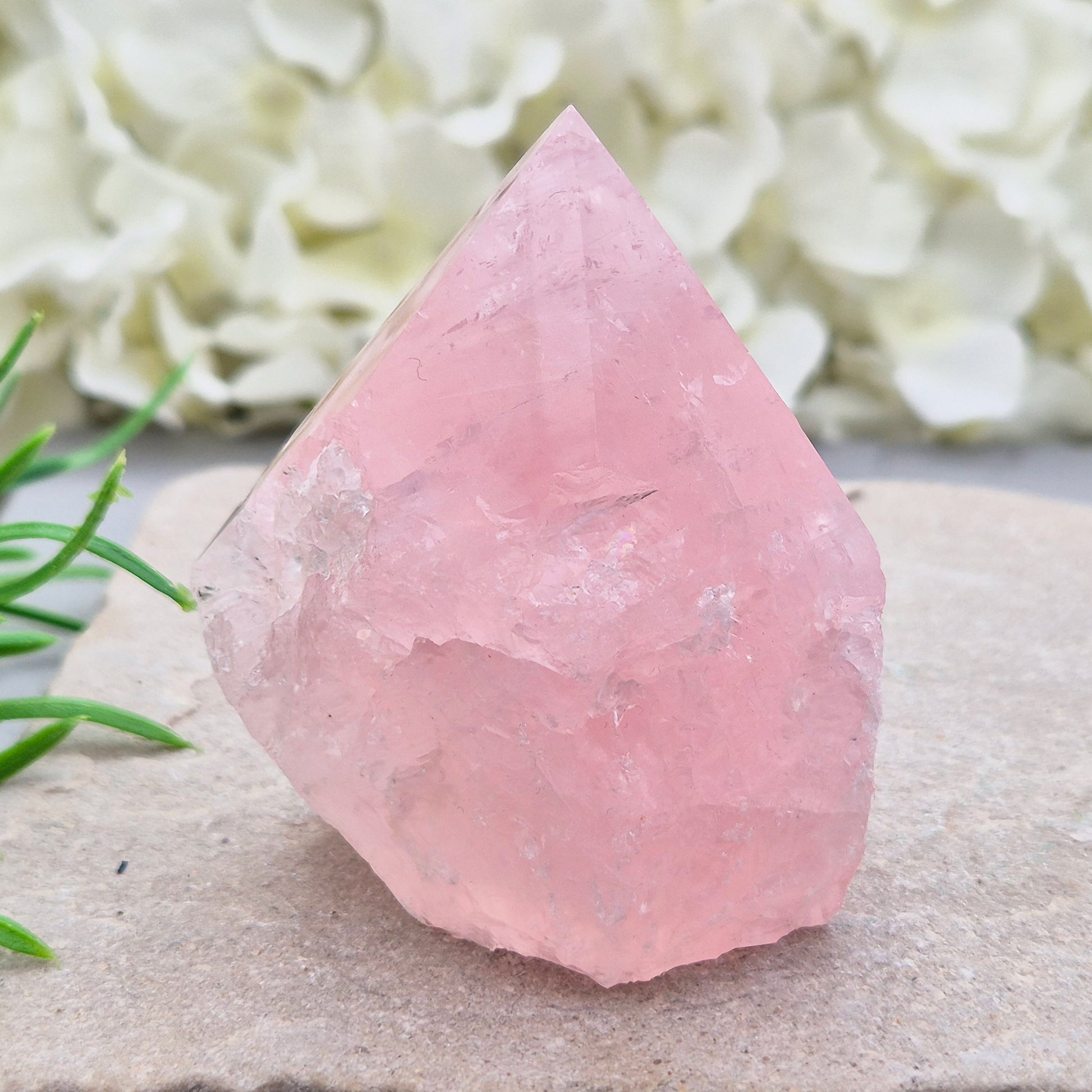 Pink Rose Quartz standing point from Brazil. Promotes self-love, calm, and emotional healing. Perfect for display, meditation, or heart chakra work. 