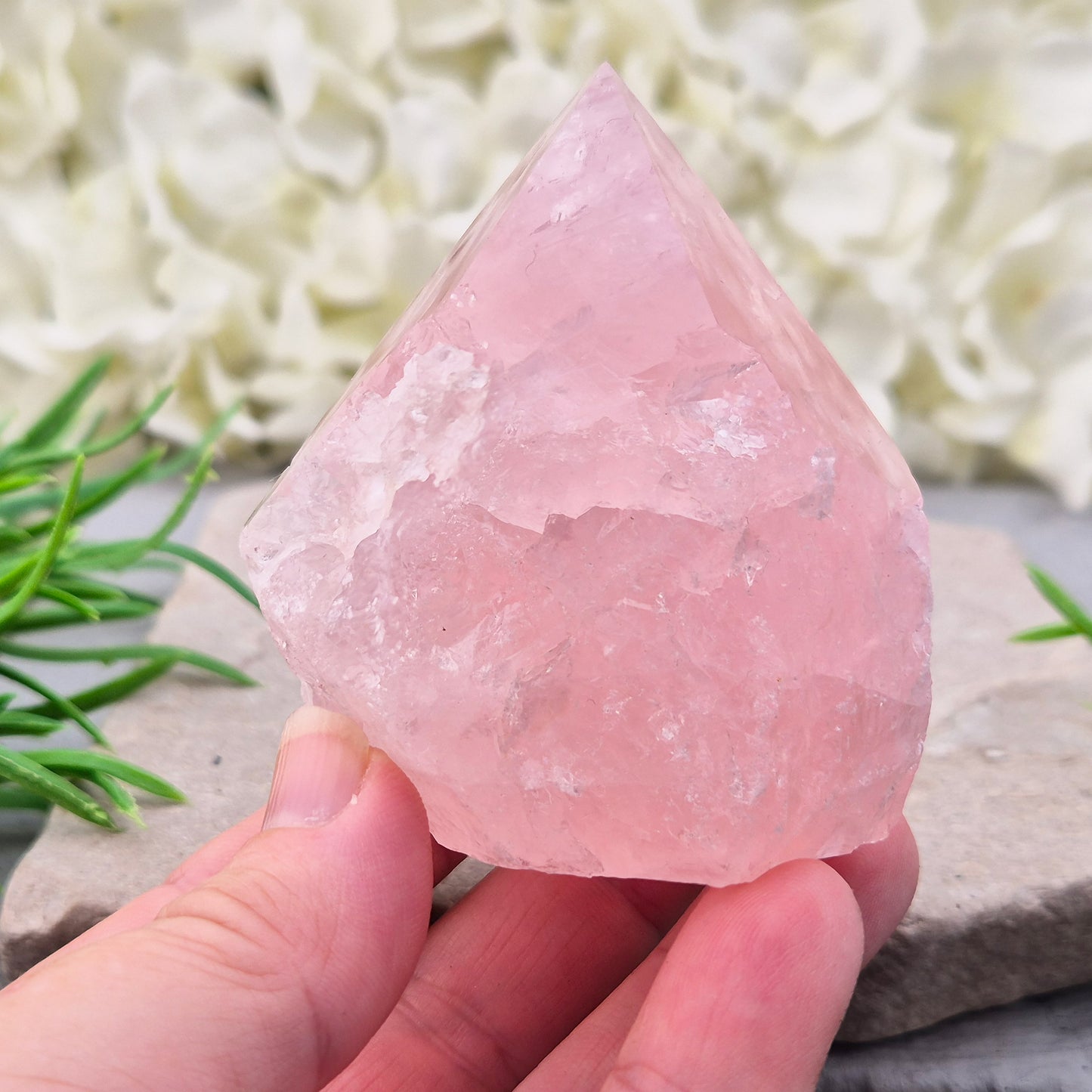 Pink Rose Quartz standing point from Brazil. Promotes self-love, calm, and emotional healing. Perfect for display, meditation, or heart chakra work. 