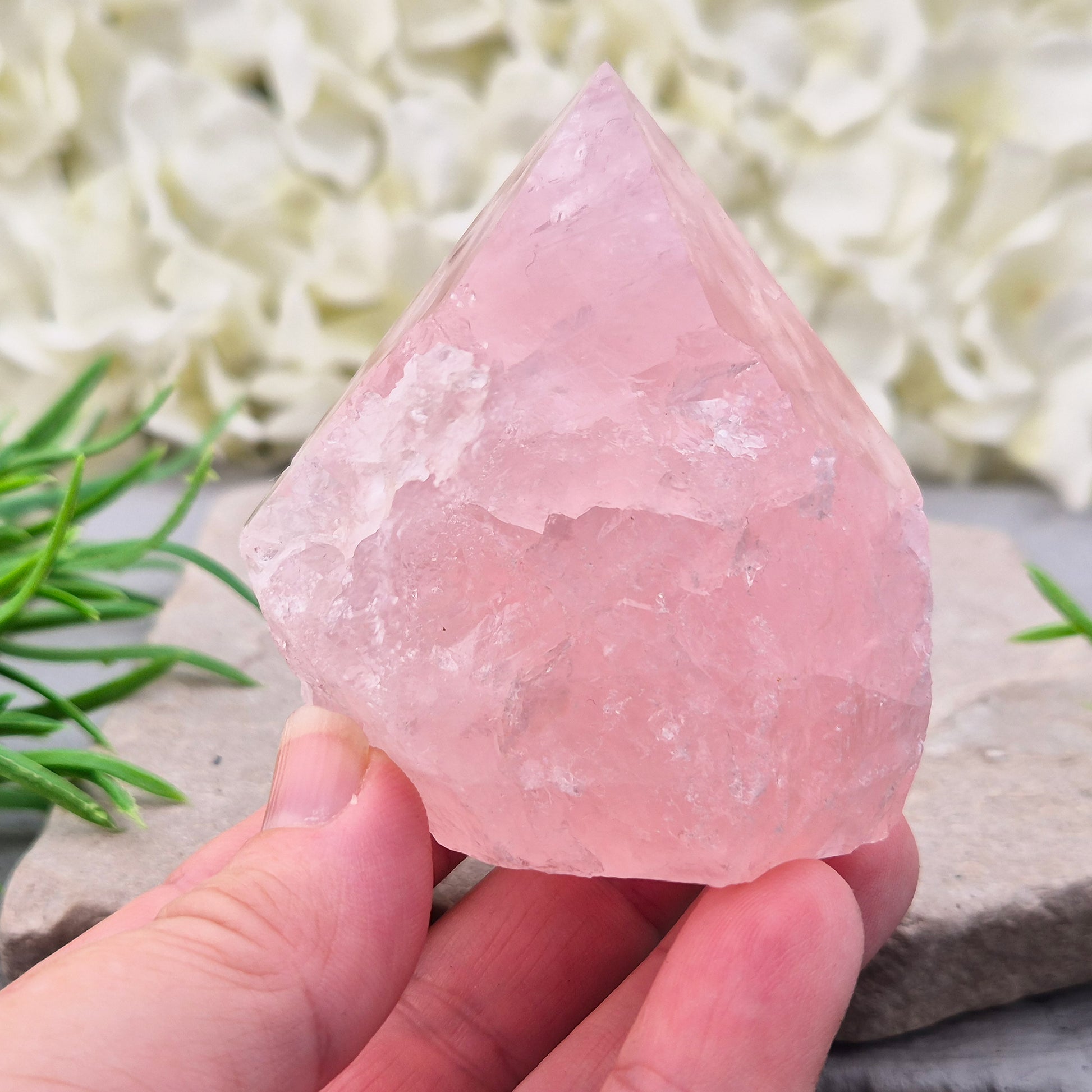 Pink Rose Quartz standing point from Brazil. Promotes self-love, calm, and emotional healing. Perfect for display, meditation, or heart chakra work. 