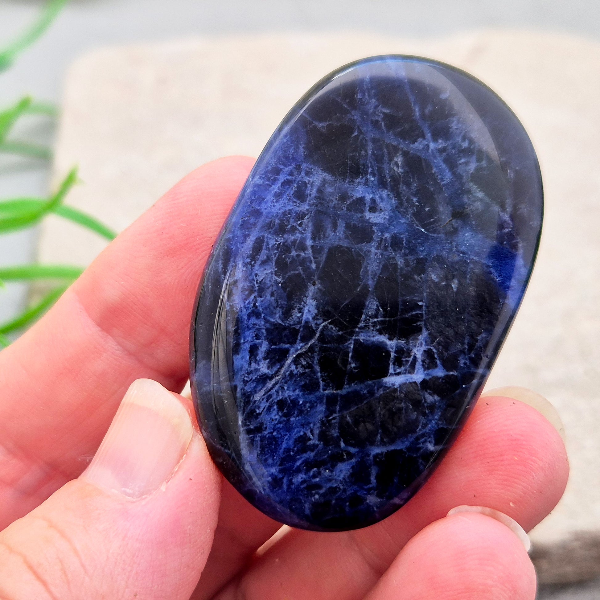 Beautiful A-grade Sodalite palm stone from Namibia. Supports clear thinking, confidence in communication, and emotional calm. Throat & Third Eye chakra crystal.