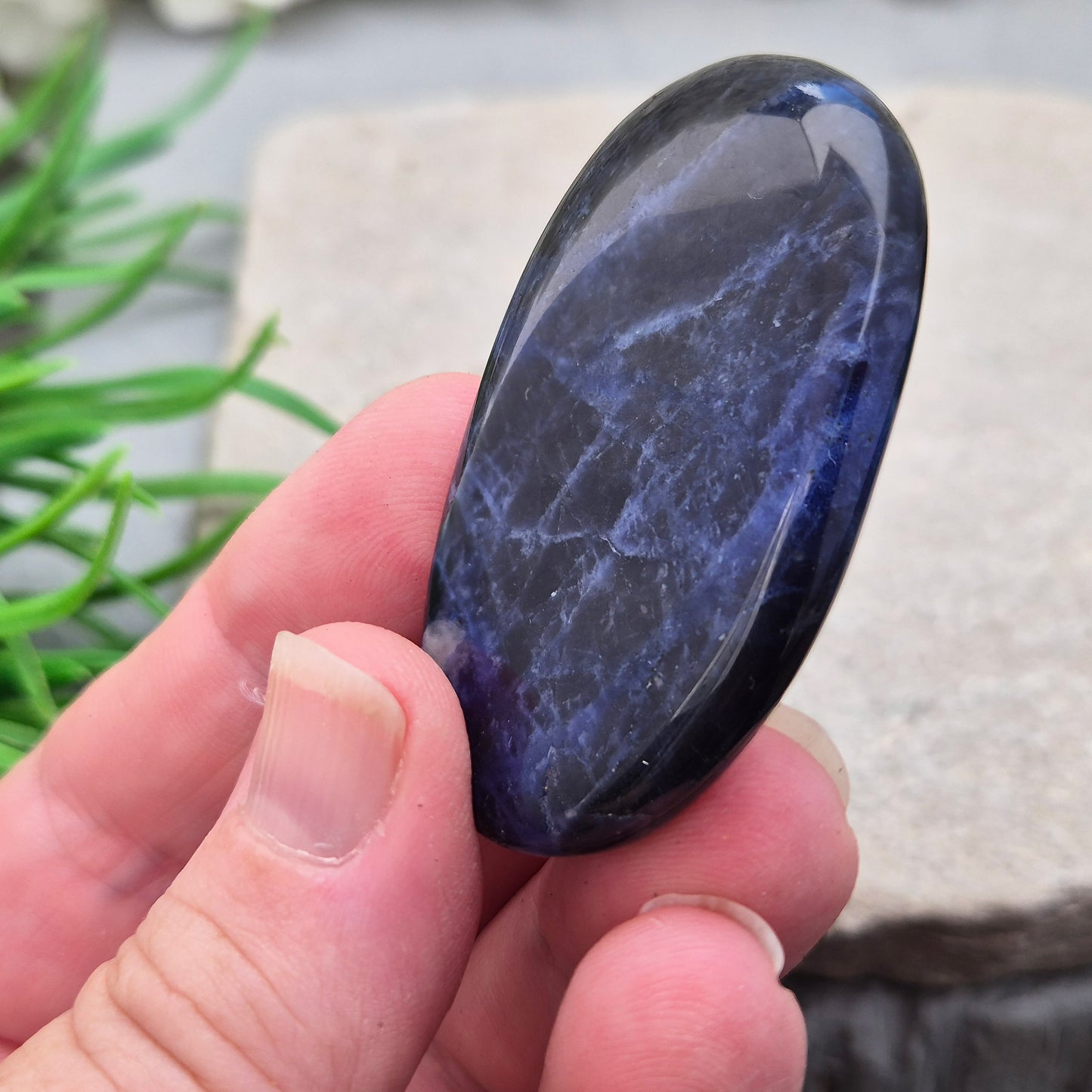 Beautiful A-grade Sodalite palm stone from Namibia. Supports clear thinking, confidence in communication, and emotional calm. Throat & Third Eye chakra crystal.