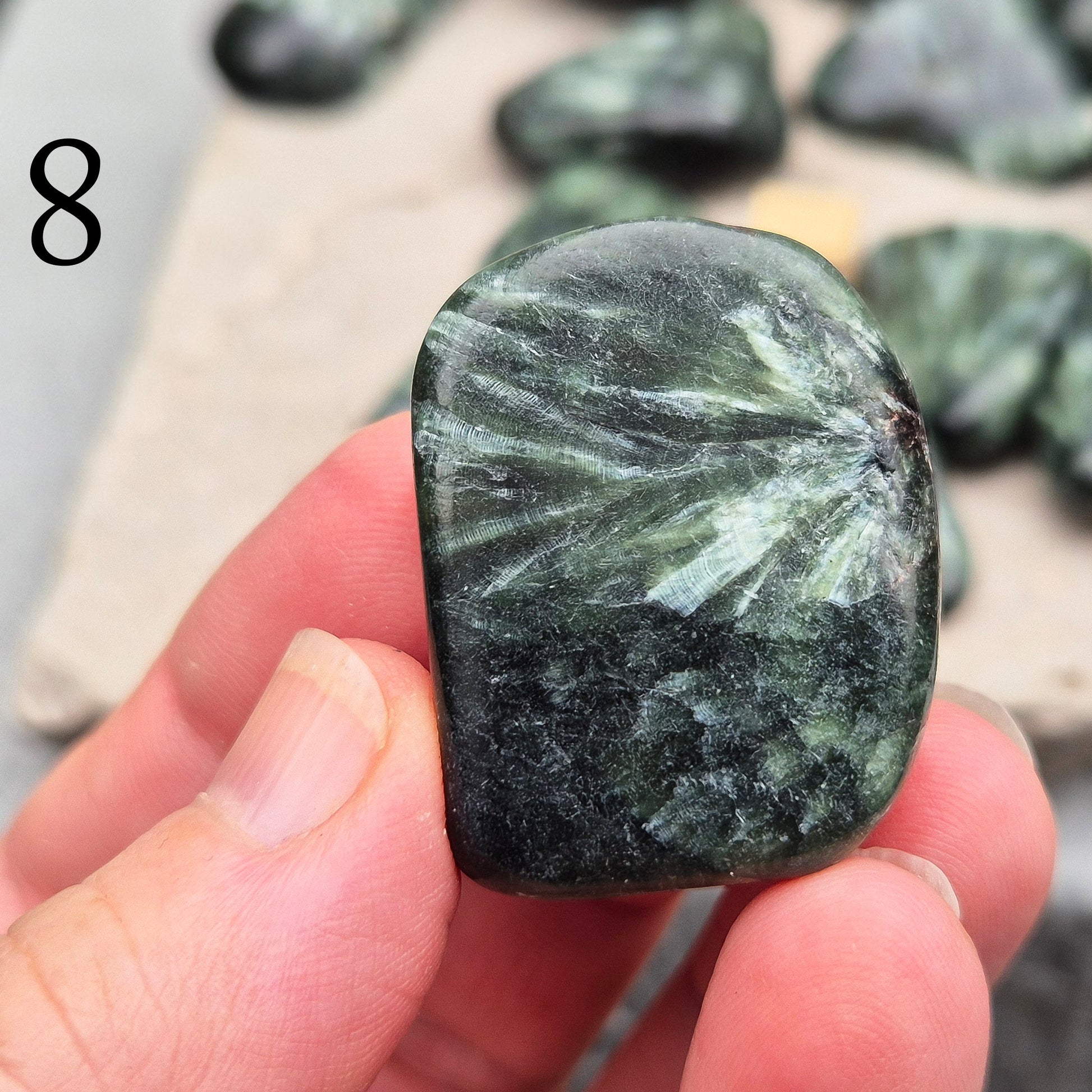 Seraphinite crystal for grounding, heart healing, and gentle spiritual growth. Handpicked pieces with rich green coloring for everyday energy work.