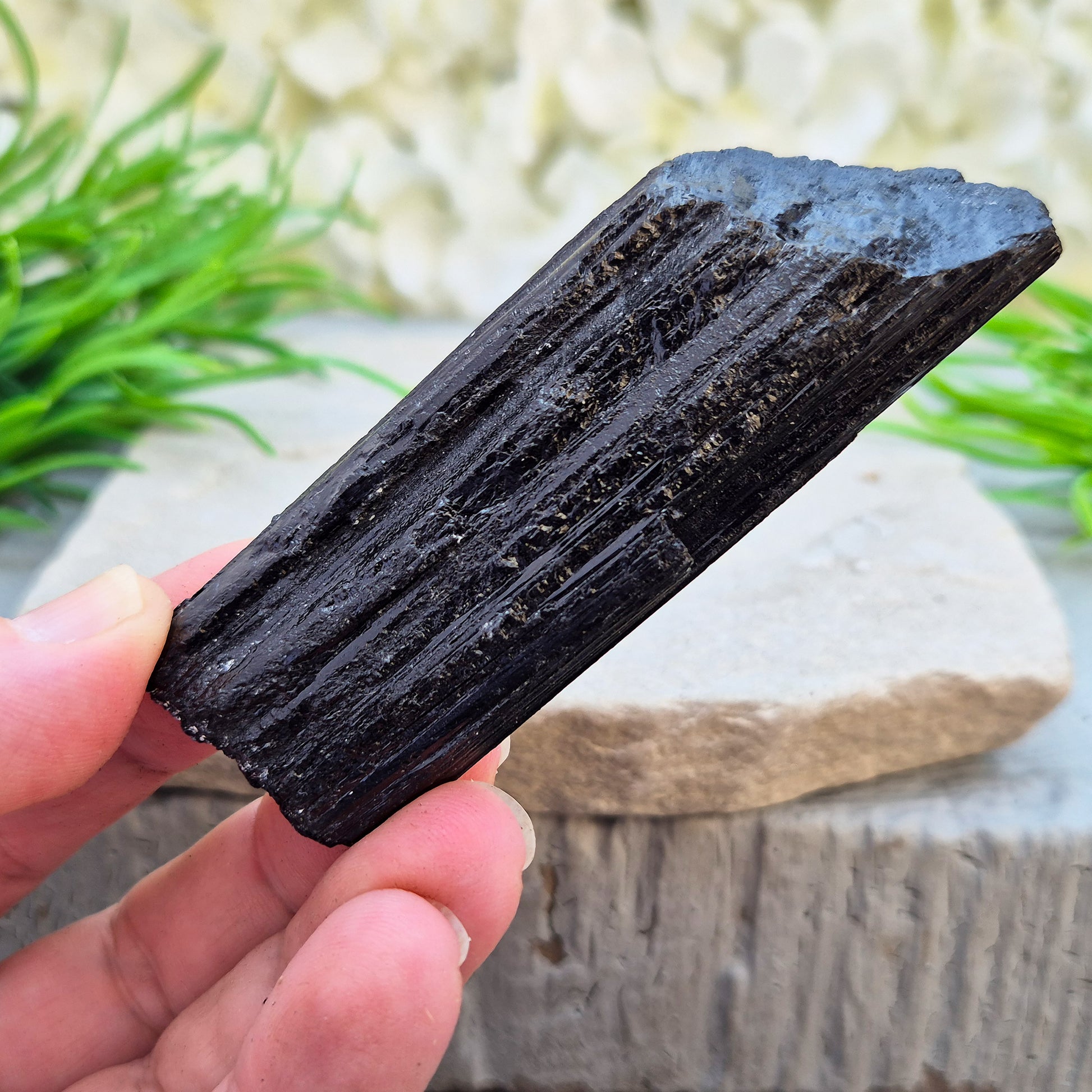 Natural Black Tourmaline crystal. Strong protective crystal that helps you feel safe, calm, clear-minded, and emotionally strong.