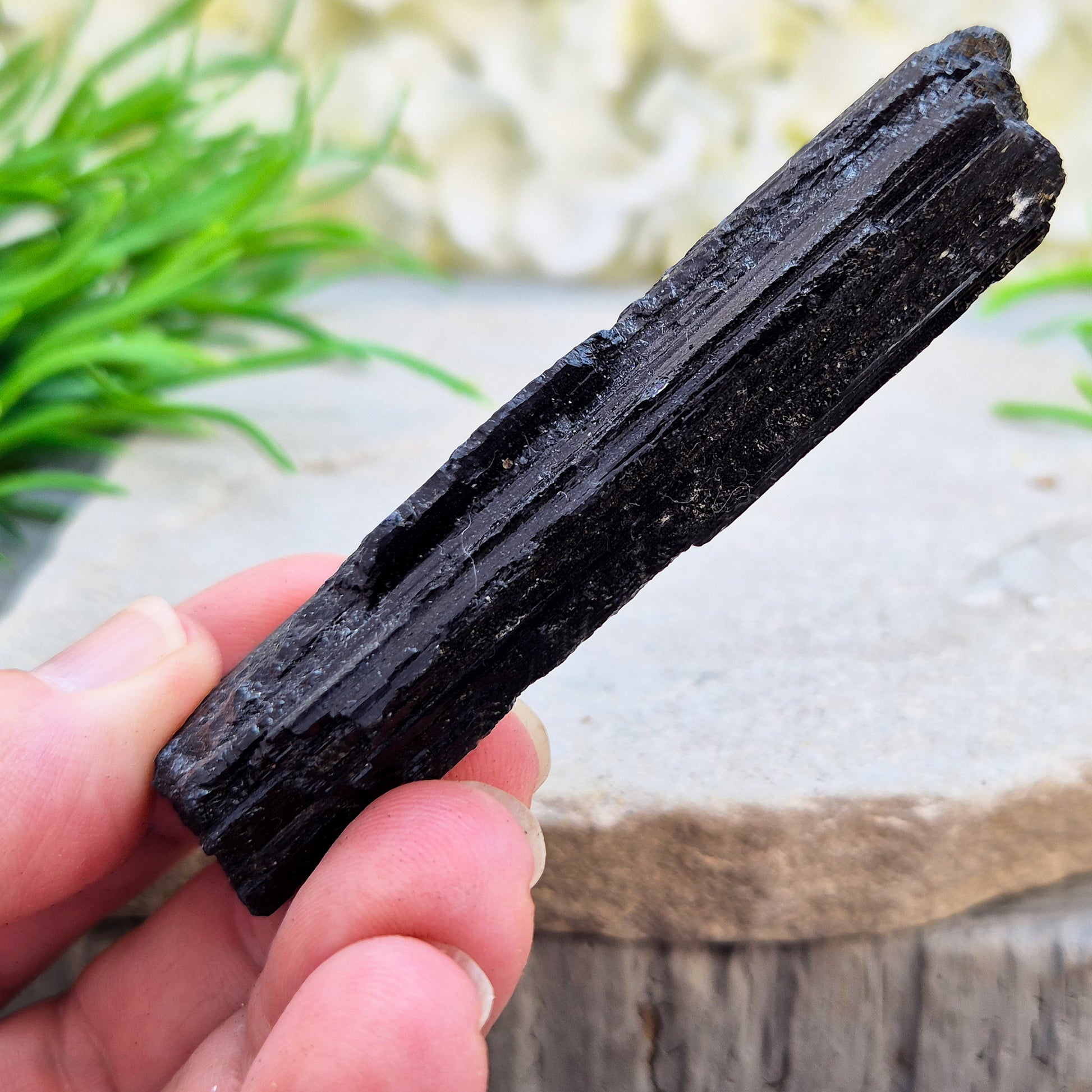 Natural Black Tourmaline crystal. Strong protective crystal that helps you feel safe, calm, clear-minded, and emotionally strong.