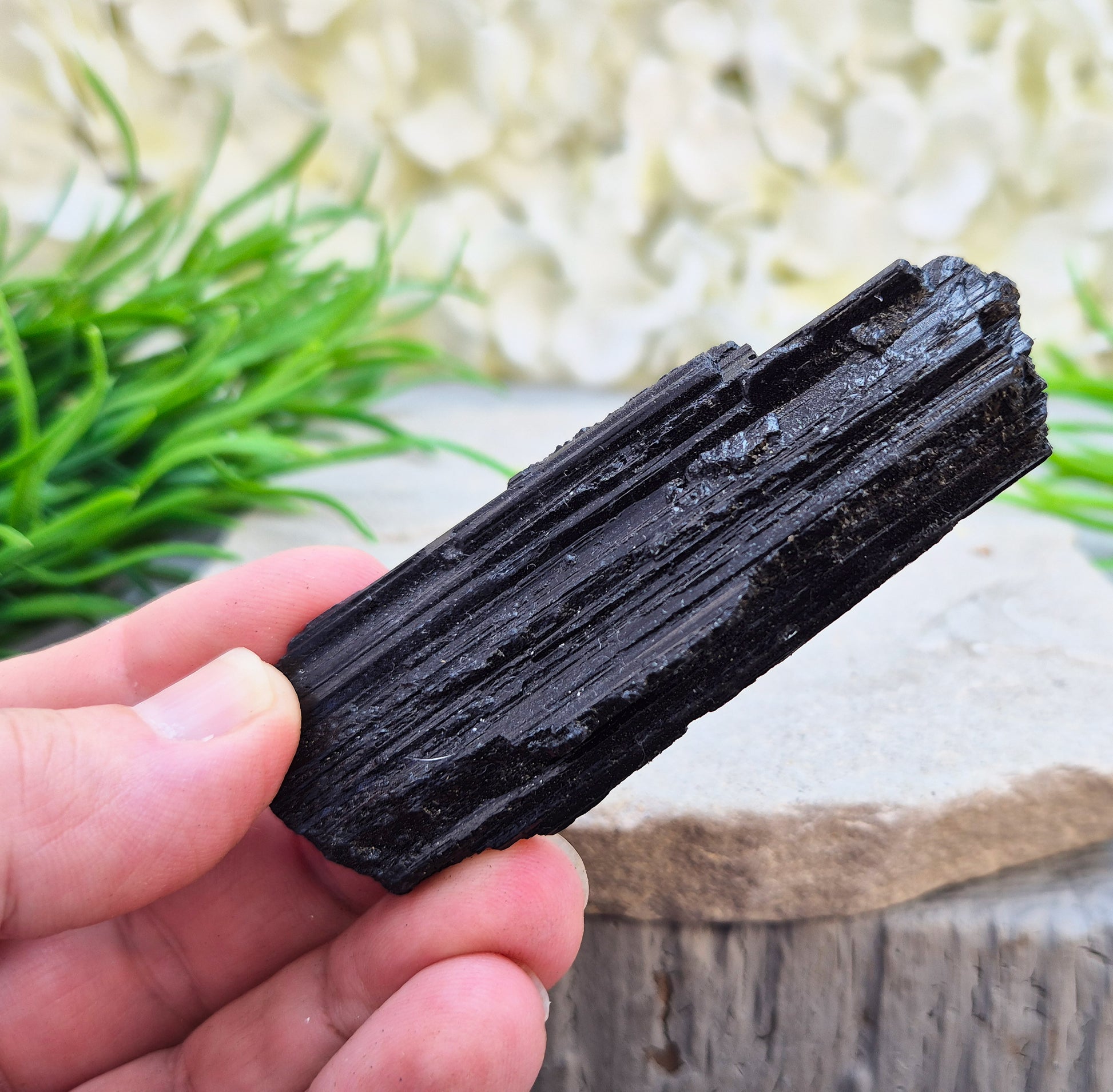 Natural Black Tourmaline crystal. Strong protective crystal that helps you feel safe, calm, clear-minded, and emotionally strong.