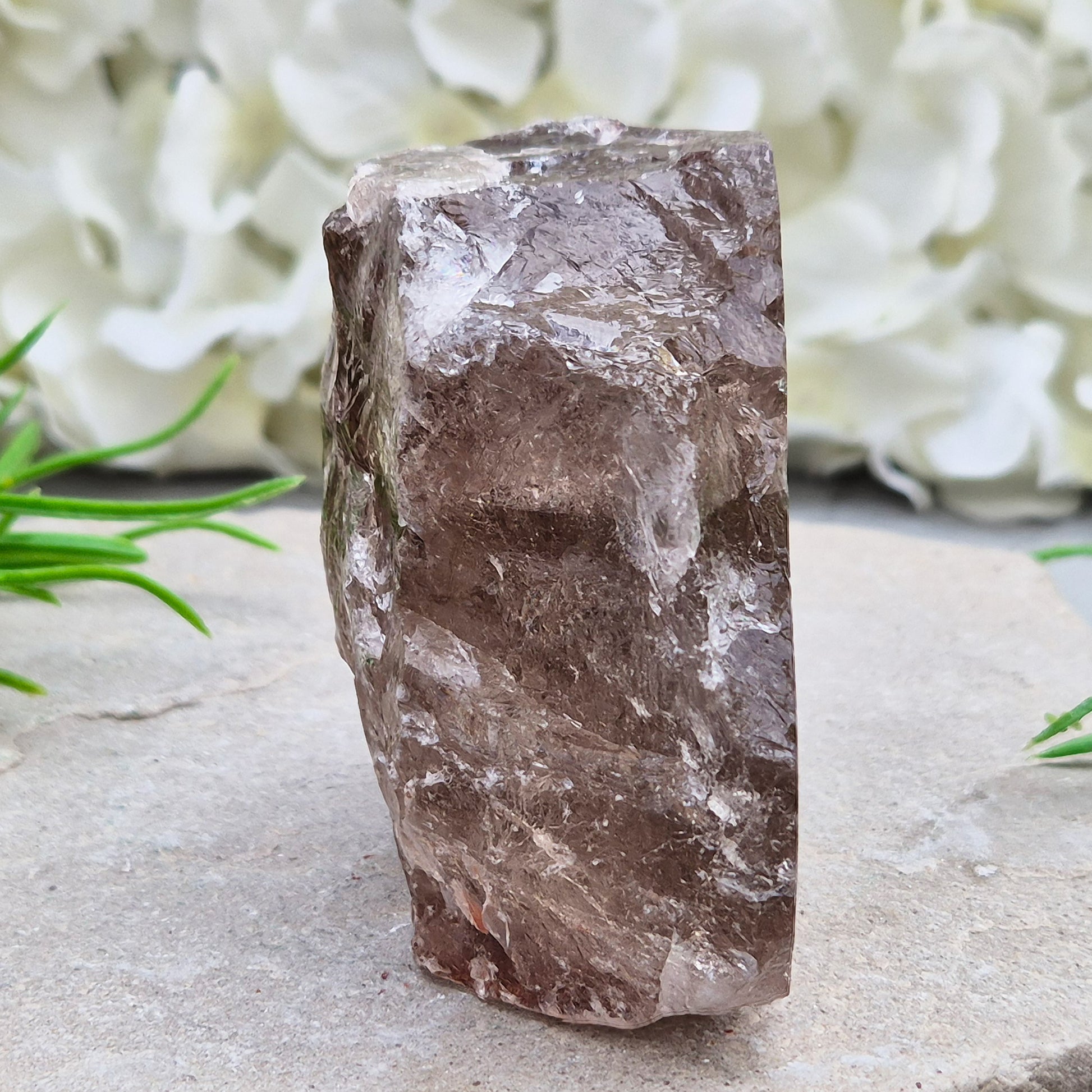 Smoky Quartz freeform from Brazil with polished face and natural sides. A grounding crystal for protection, calm focus, and emotional release.