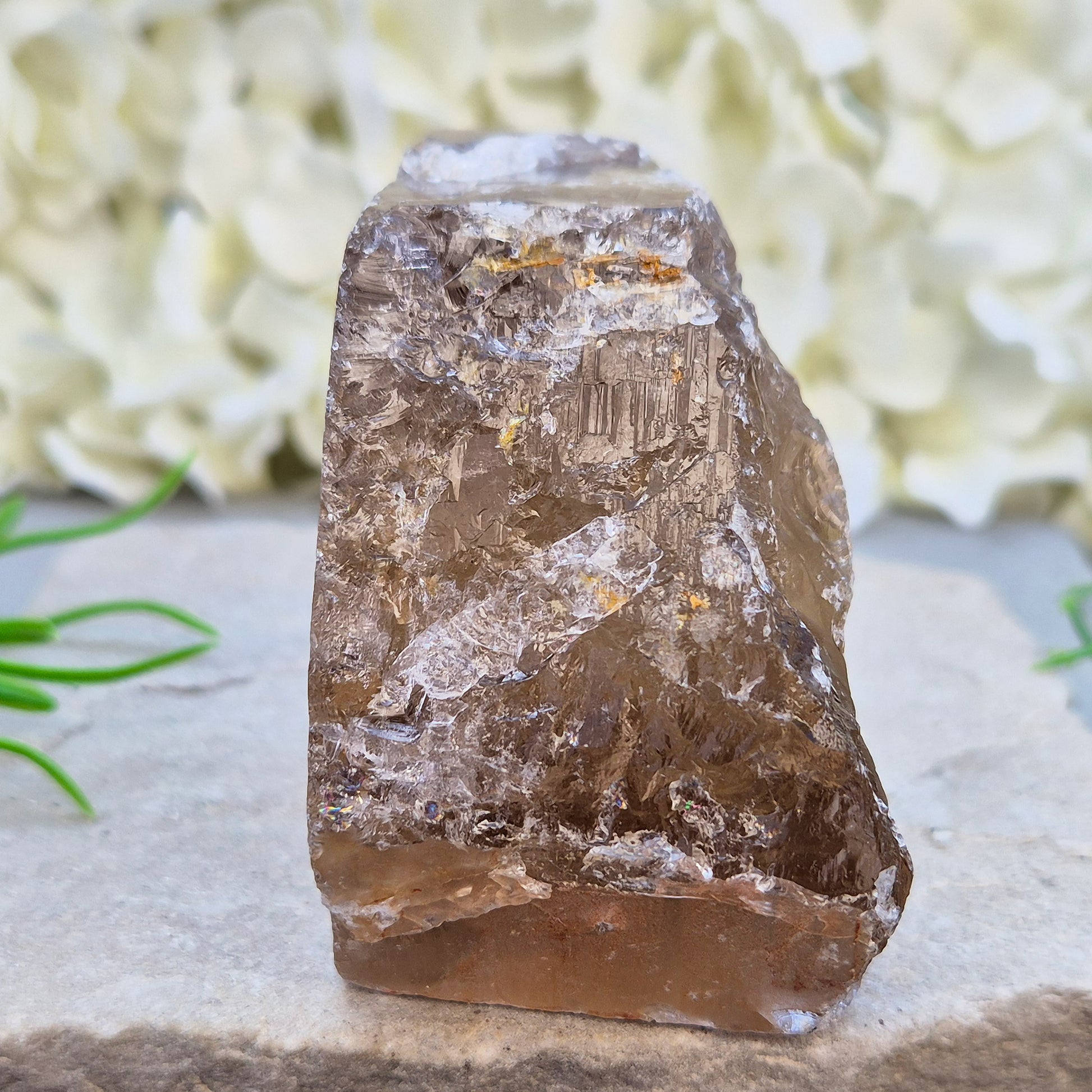 Smoky Quartz freeform from Brazil with polished face and natural sides. A grounding crystal for protection, calm focus, and emotional release.