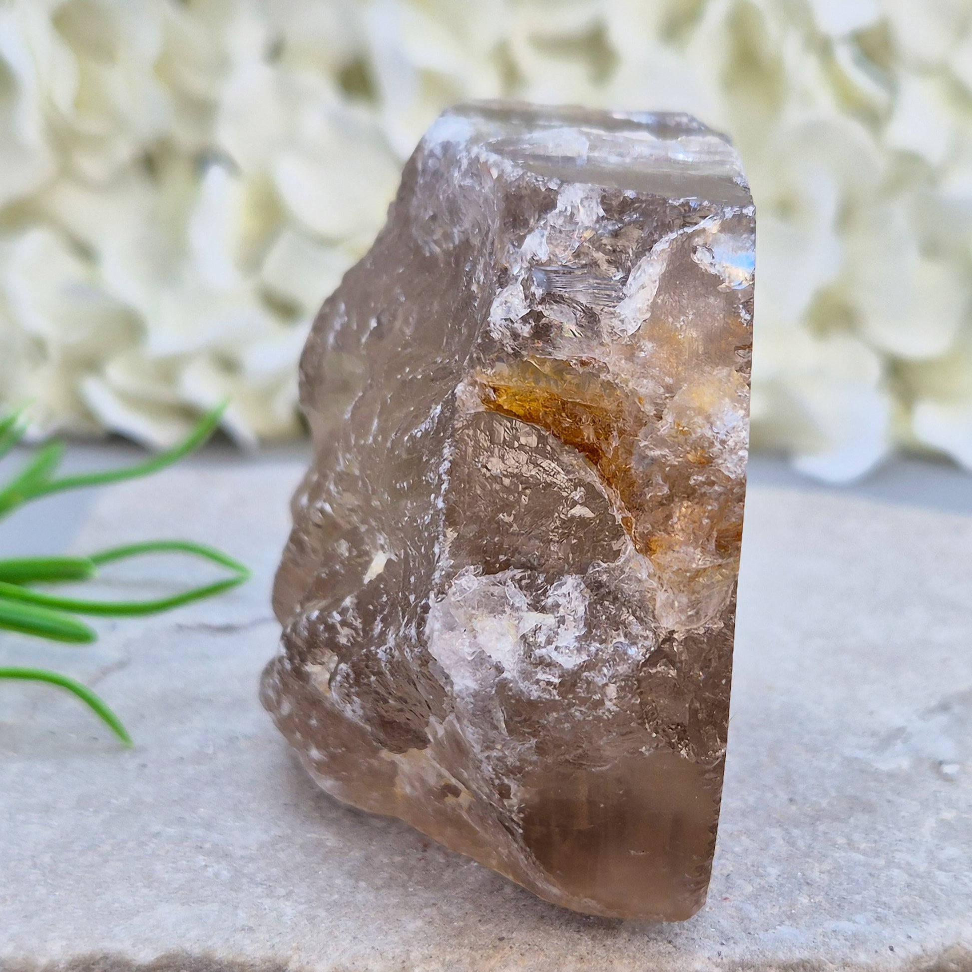 Smoky Quartz freeform from Brazil with polished face and natural sides. A grounding crystal for protection, calm focus, and emotional release.