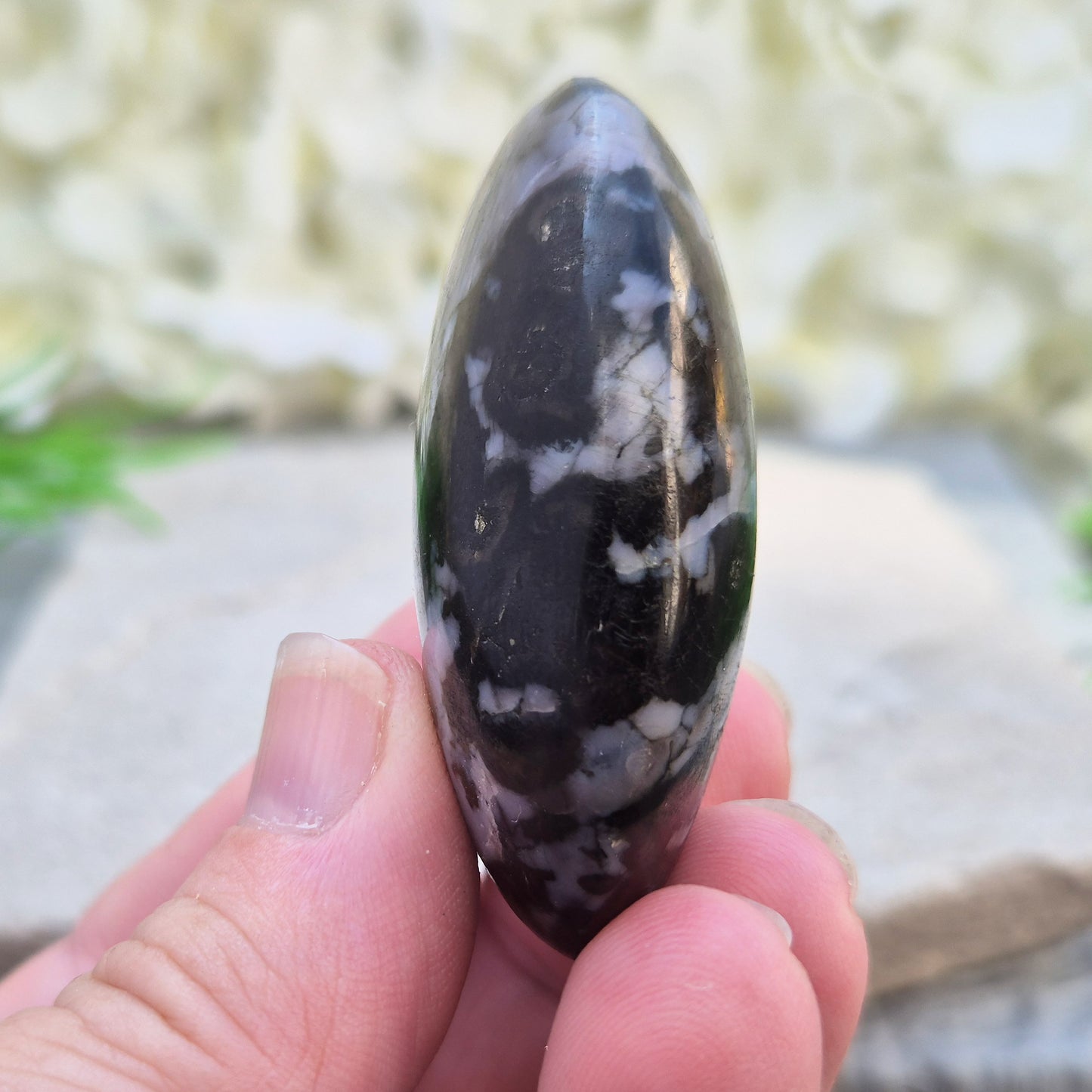 Mystic Merlinite (indigo gabbro) palm stone for energy work, intuition & emotional healing. Ideal for meditation, grounding & spiritual growth.