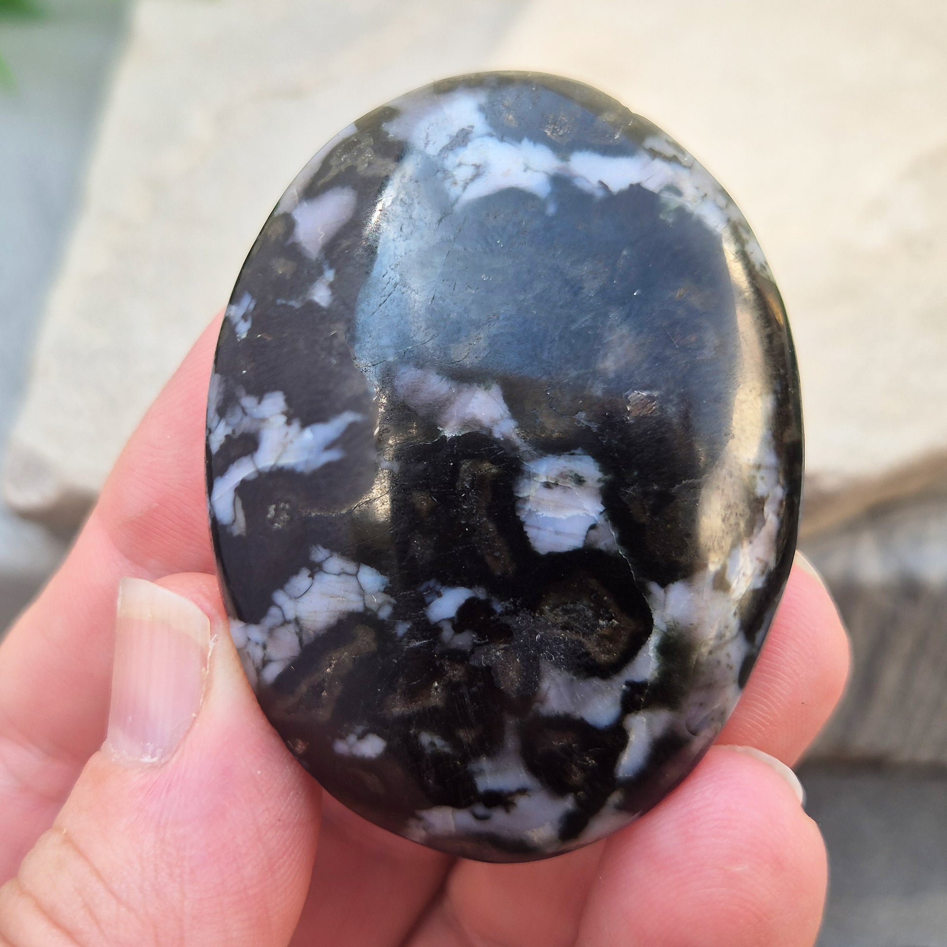 Mystic Merlinite (indigo gabbro) palm stone for energy work, intuition & emotional healing. Ideal for meditation, grounding & spiritual growth.