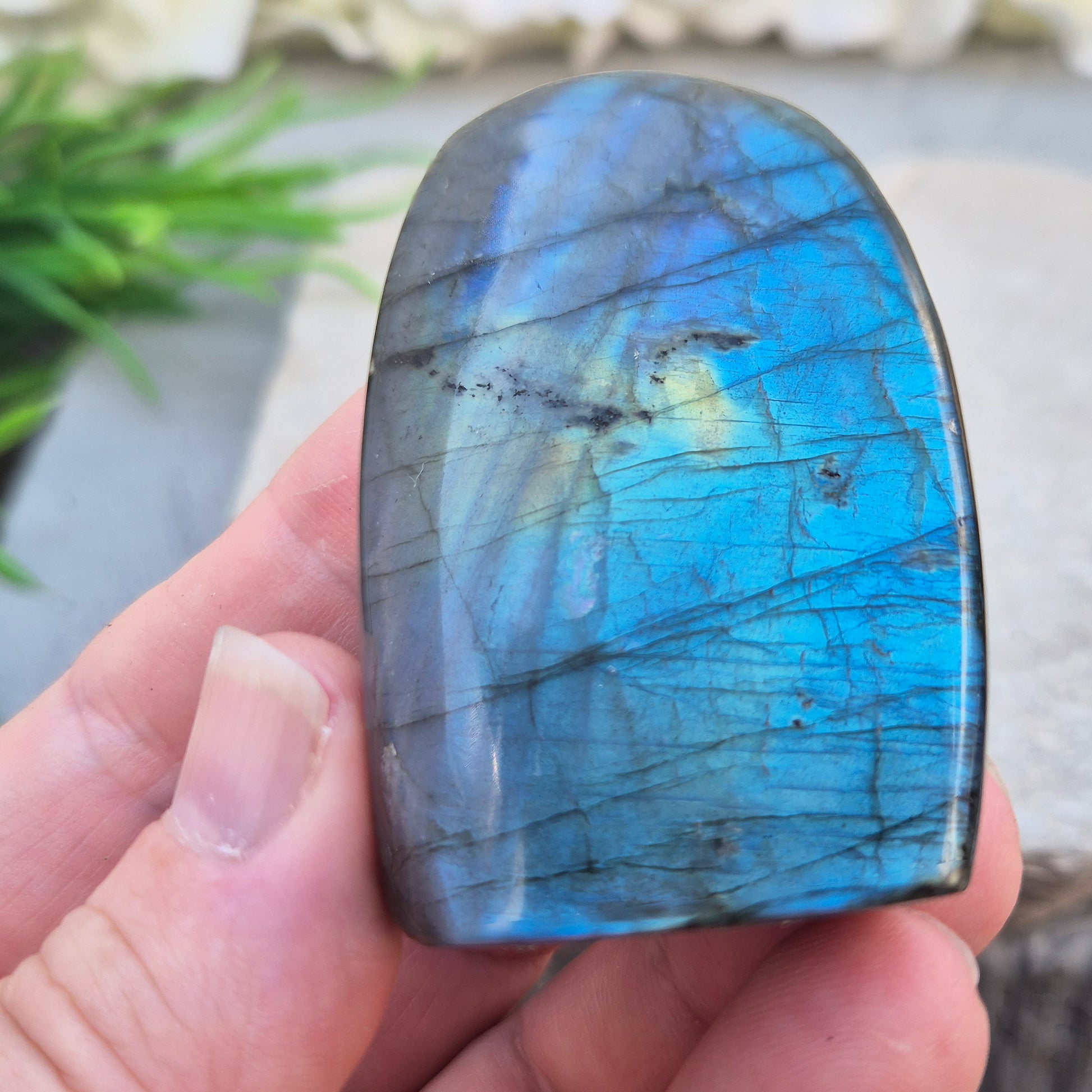 Labradorite Crystal Freeform with flashes of blue and yellow. Labradorite is often chosen during times of change, reflection, or personal growth. 
