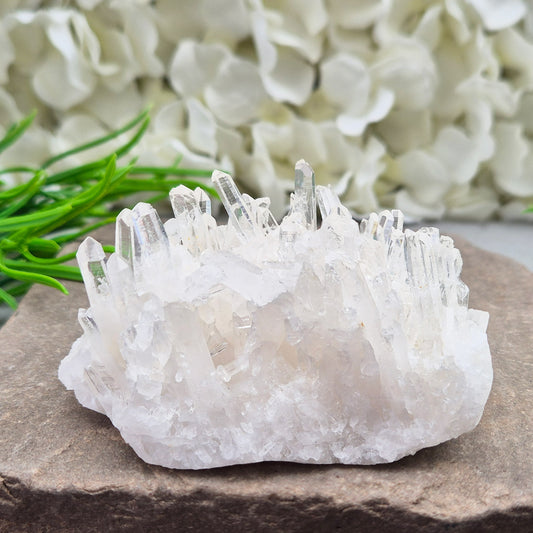 Himalayan Quartz Cluster from India. High-altitude, hand-mined crystal for grounding, focus, energy balance and amplifying other stones.