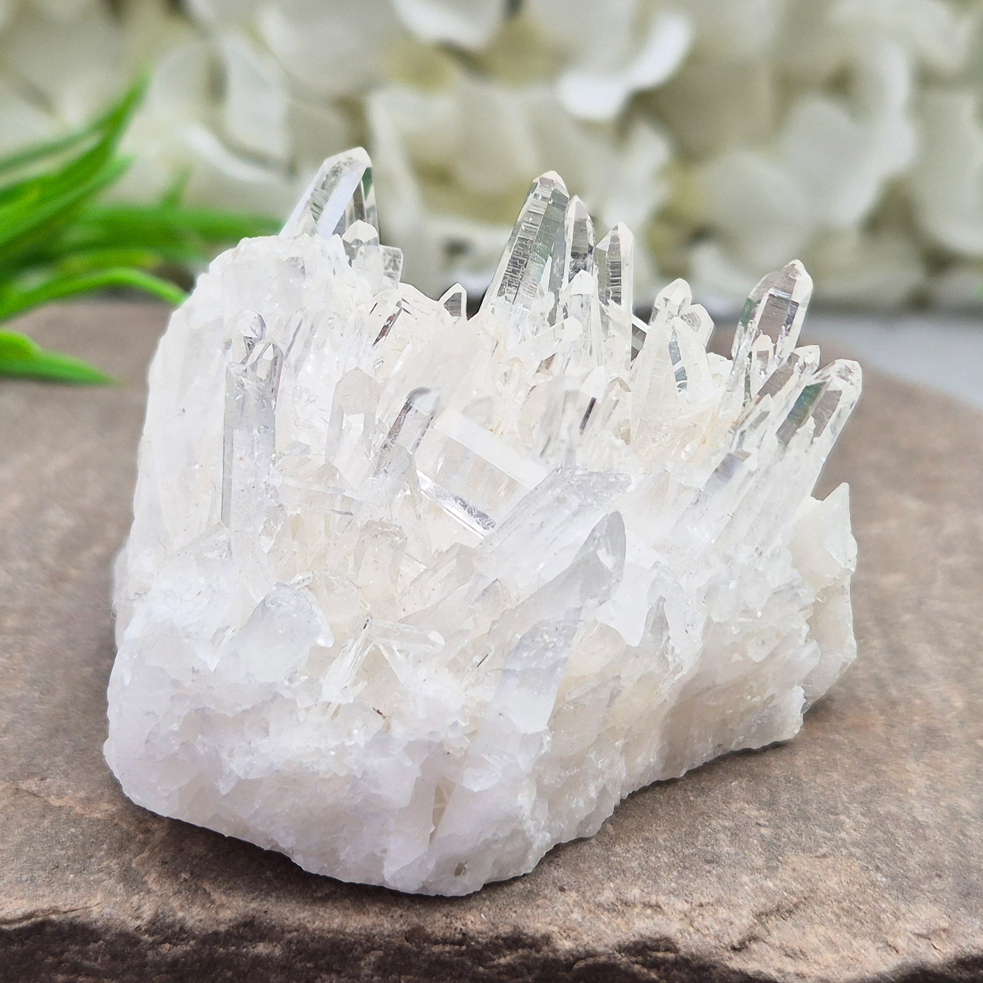 Himalayan Quartz Cluster from India. High-altitude, hand-mined crystal for grounding, focus, energy balance and amplifying other stones.