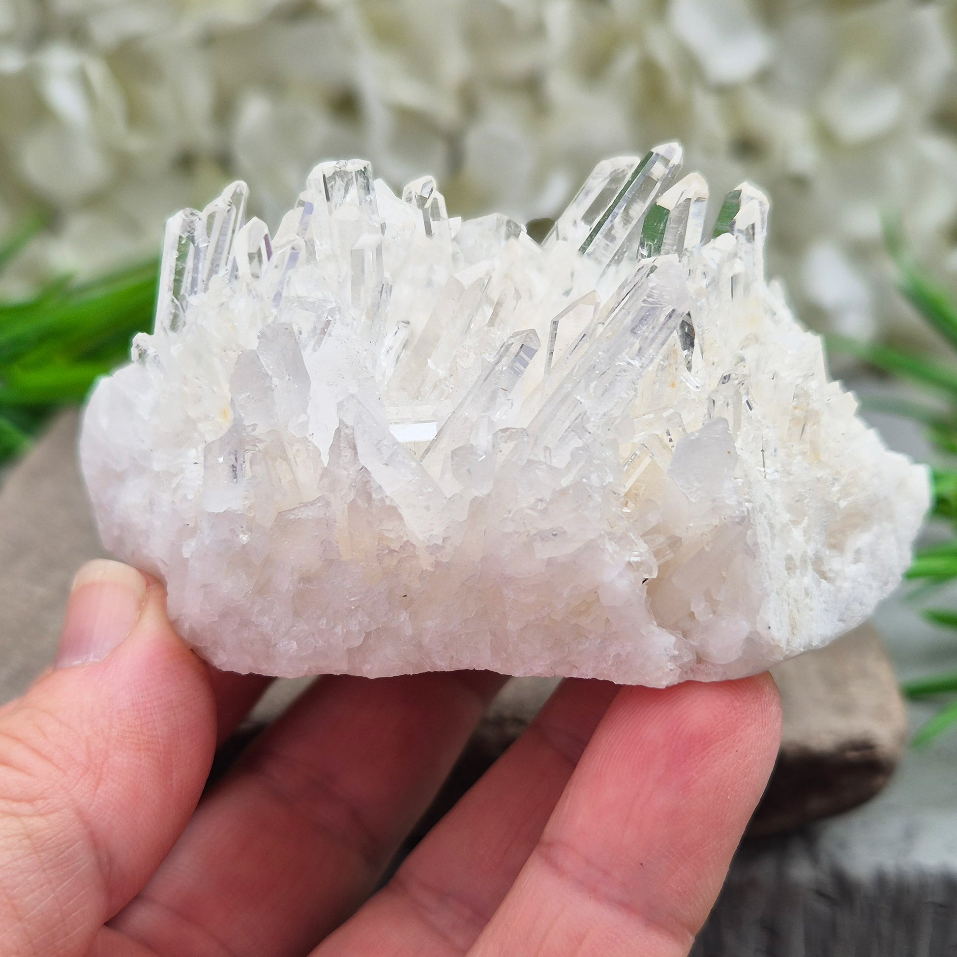 Himalayan Quartz Cluster from India. High-altitude, hand-mined crystal for grounding, focus, energy balance and amplifying other stones.
