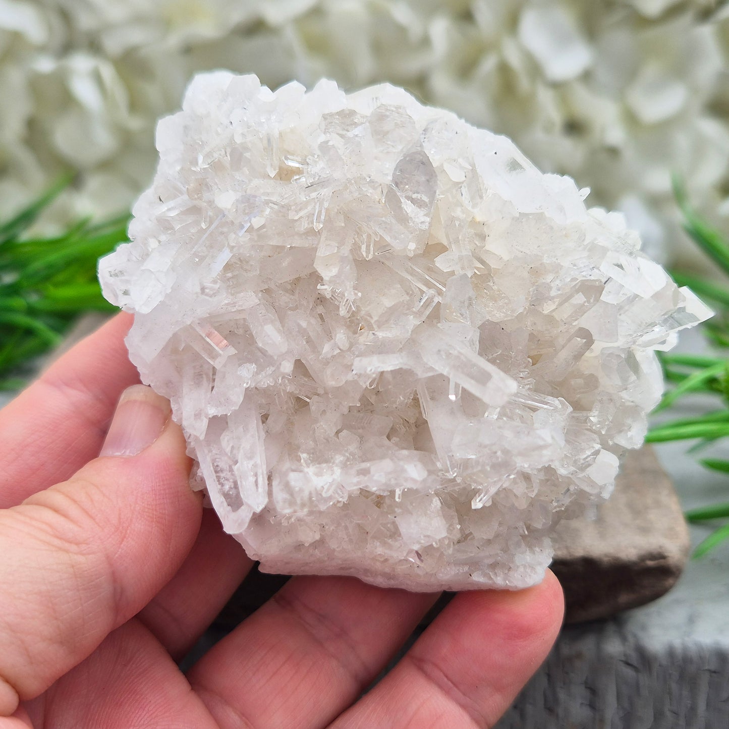Himalayan Quartz Cluster from India. High-altitude, hand-mined crystal for grounding, focus, energy balance and amplifying other stones.