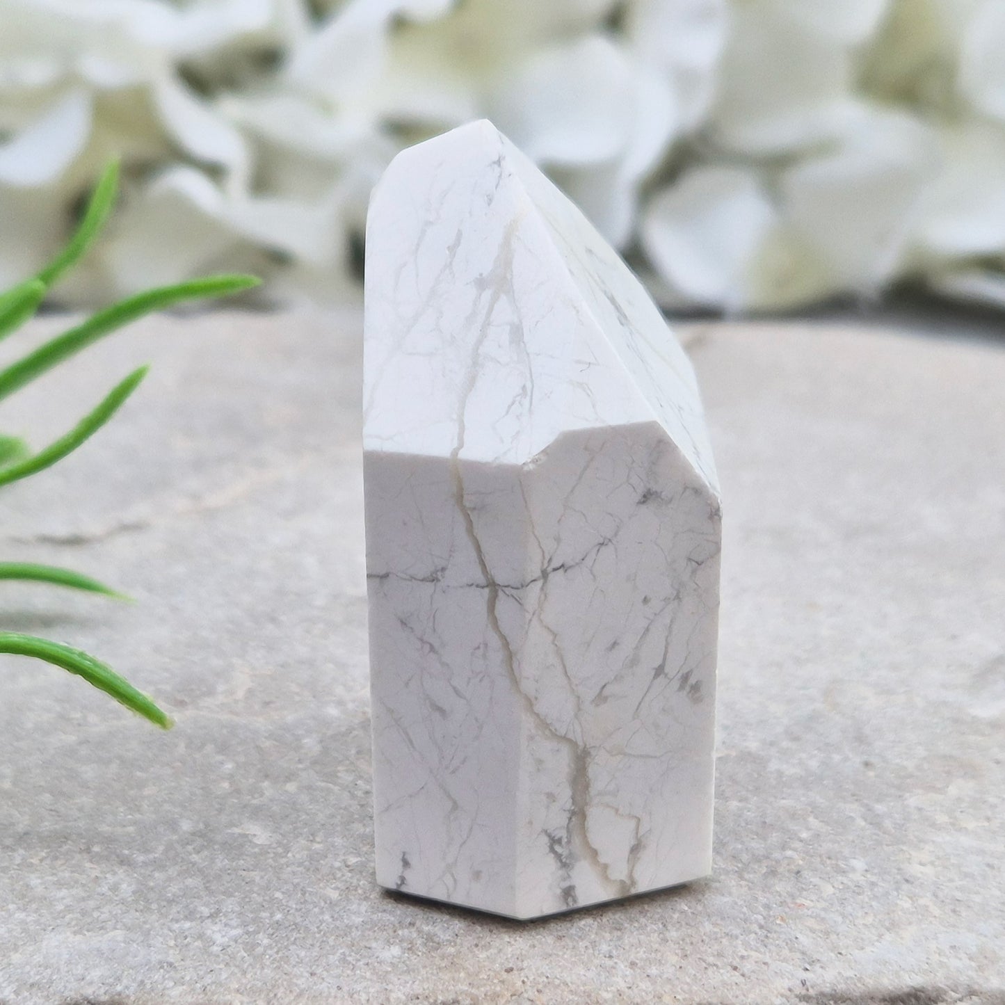 Howlite crystal point for calm, focus, and emotional balance. Perfect for meditation, healing spaces, or crystal collections.