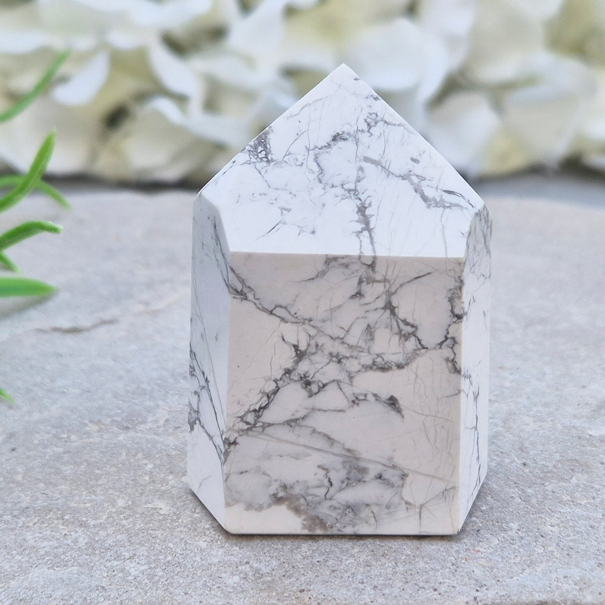 Howlite crystal point for calm, focus, and emotional balance. Perfect for meditation, healing spaces, or crystal collections.