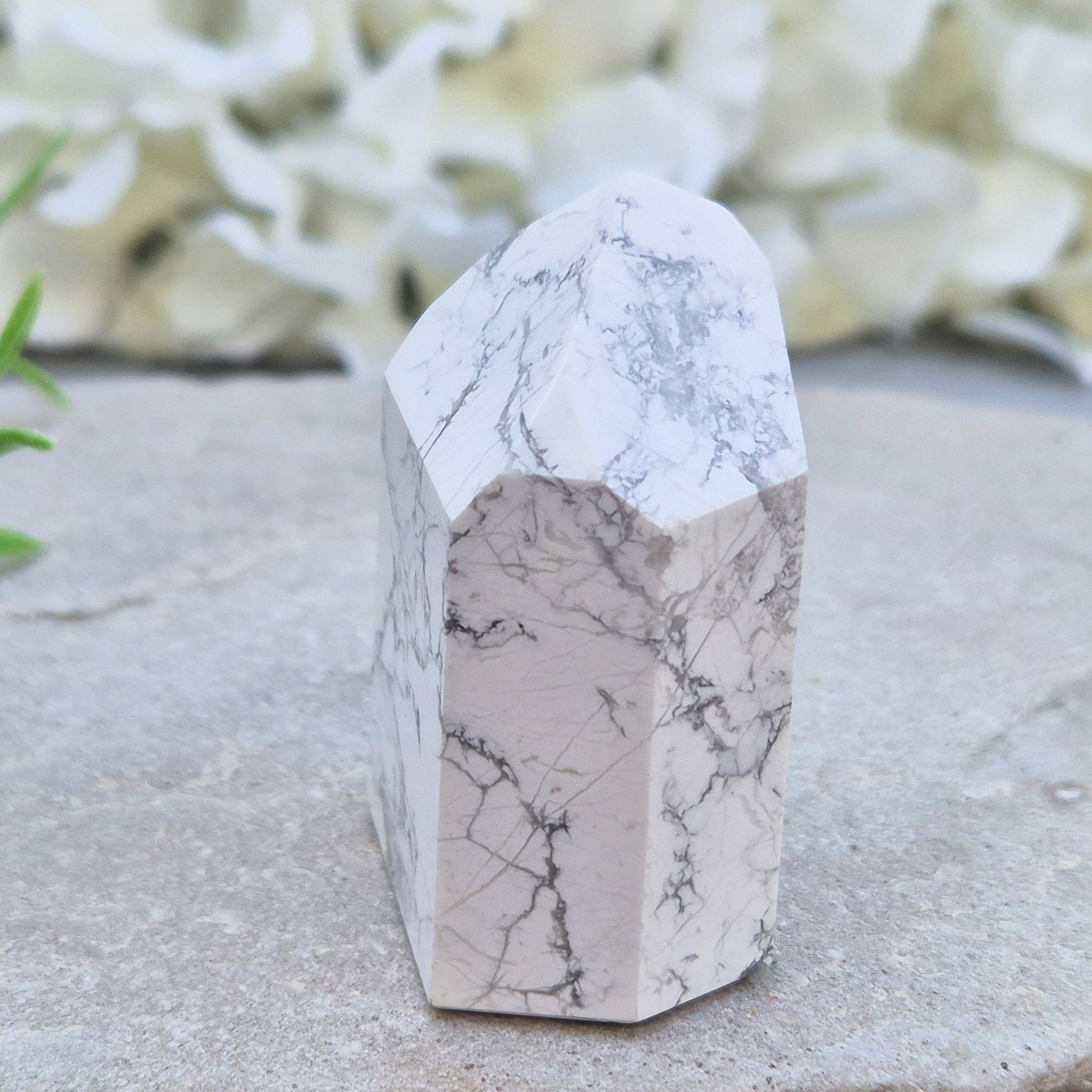Howlite crystal point for calm, focus, and emotional balance. Perfect for meditation, healing spaces, or crystal collections.