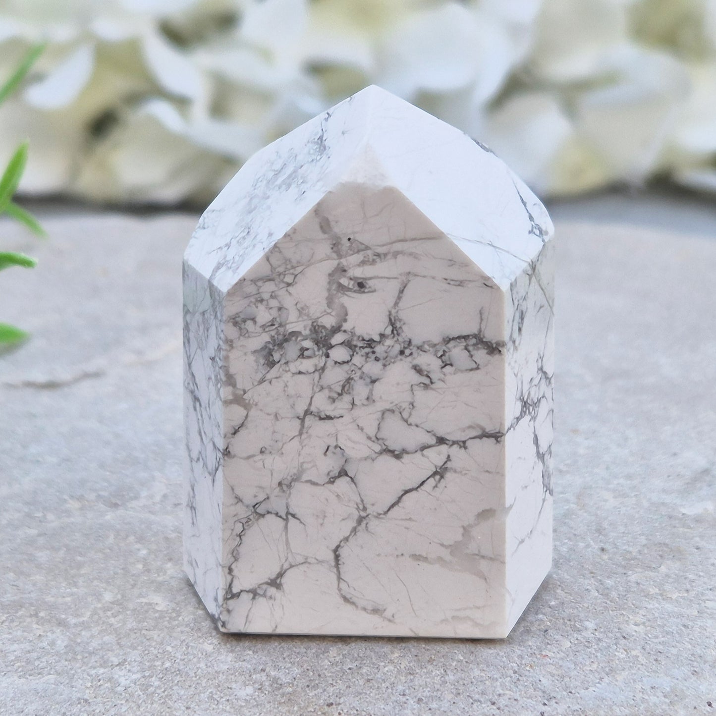Howlite crystal point for calm, focus, and emotional balance. Perfect for meditation, healing spaces, or crystal collections.