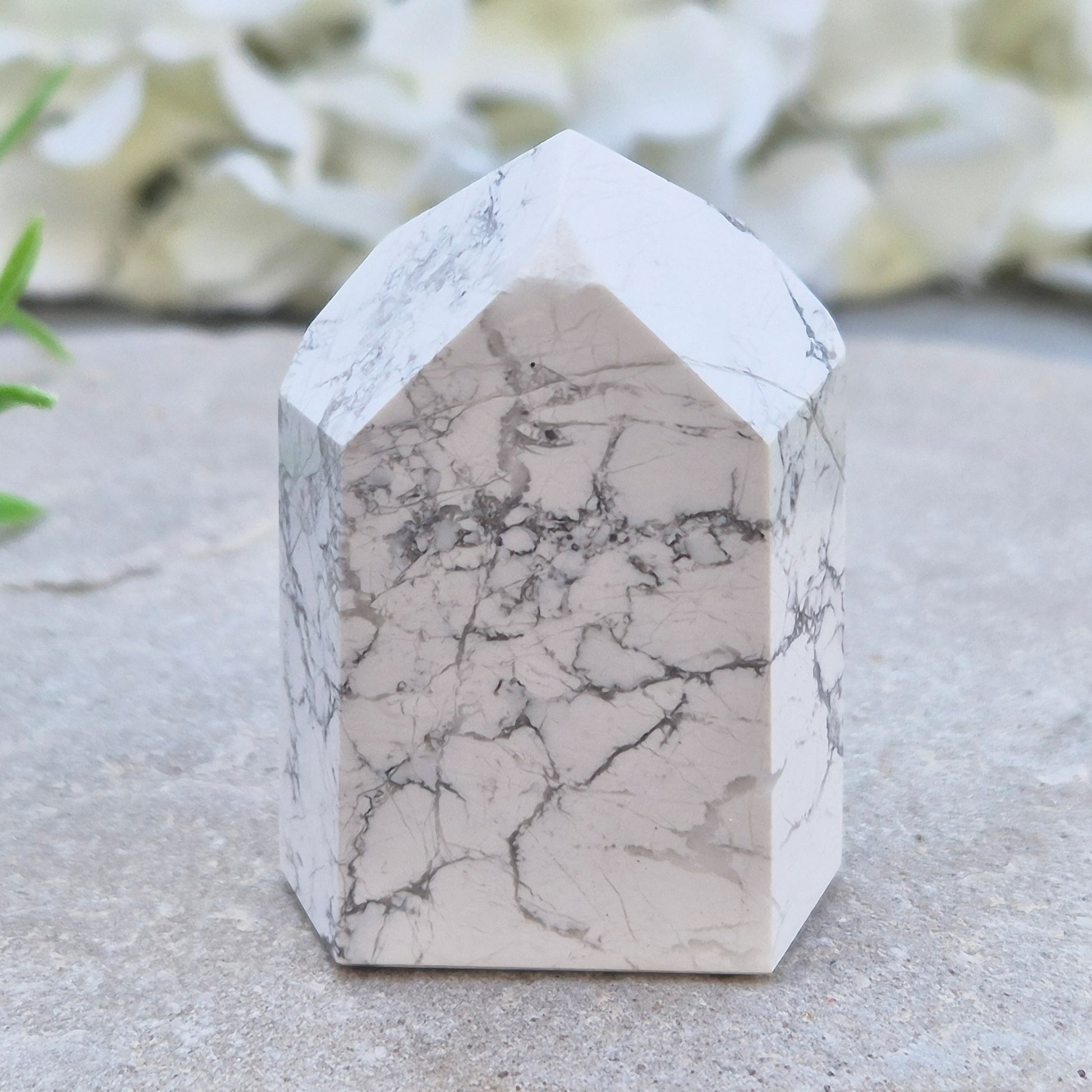 Howlite crystal point for calm, focus, and emotional balance. Perfect for meditation, healing spaces, or crystal collections.