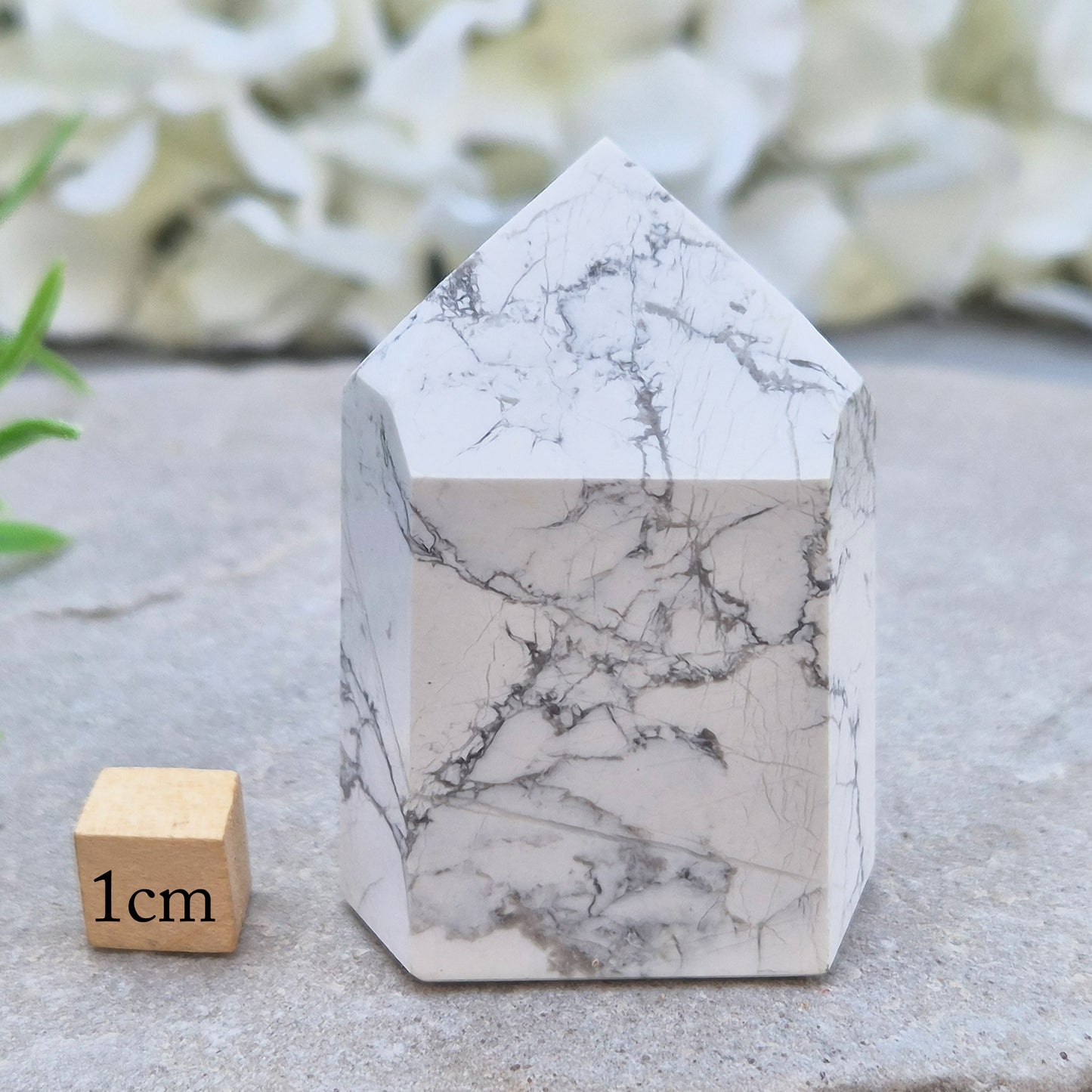 Howlite crystal point for calm, focus, and emotional balance. Perfect for meditation, healing spaces, or crystal collections.