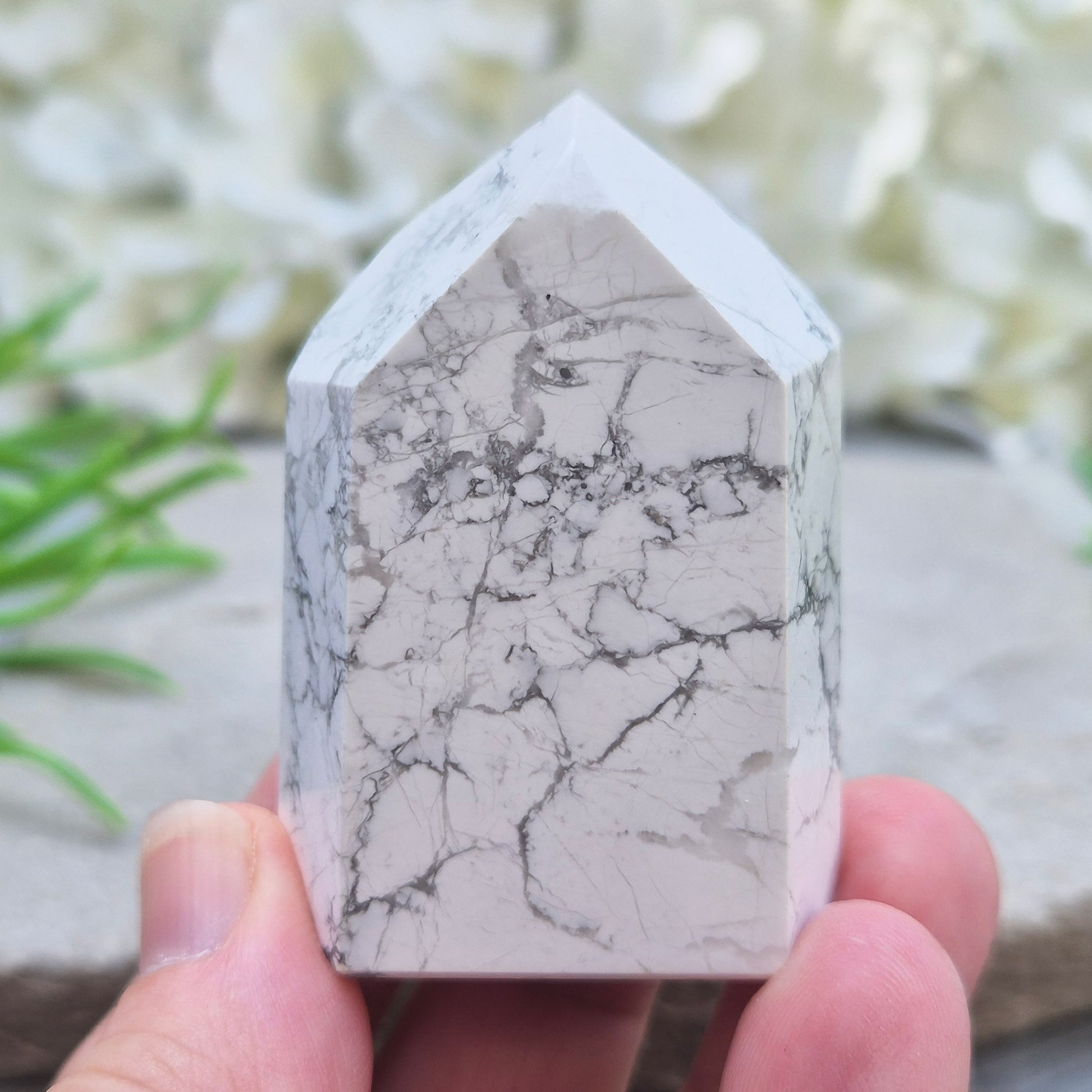 Howlite crystal point for calm, focus, and emotional balance. Perfect for meditation, healing spaces, or crystal collections.