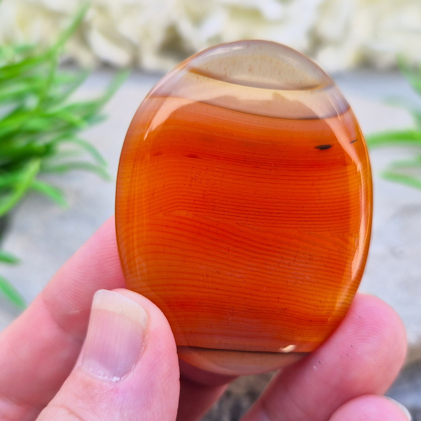 Banded Carnelian palm stone from Madagascar. Boosts motivation, confidence and creativity. Grounding Root and Sacral crystal for energy and focus