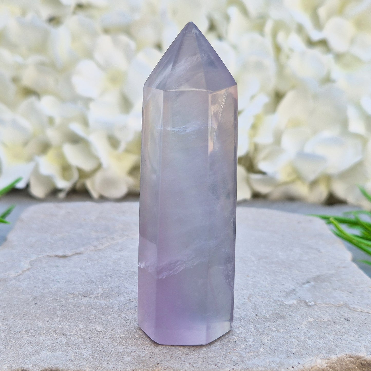 This Fluorite crystal point has a 6 faced generator tip, its pale lilac-grey body threaded through with soft smoky, feather-like inclusions and a faint blush of deeper pink pooling at the base