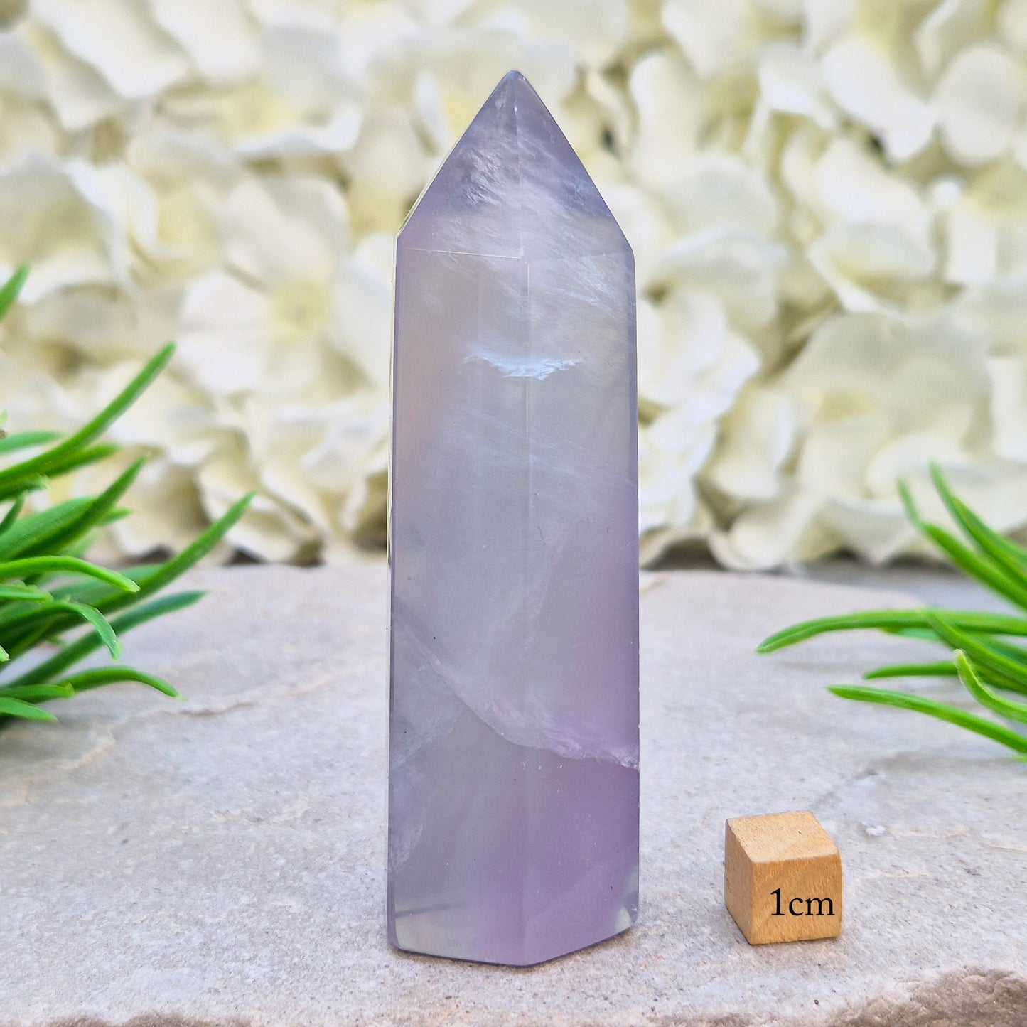 This Fluorite crystal point has a 6 faced generator tip, its pale lilac-grey body threaded through with soft smoky, feather-like inclusions and a faint blush of deeper pink pooling at the base