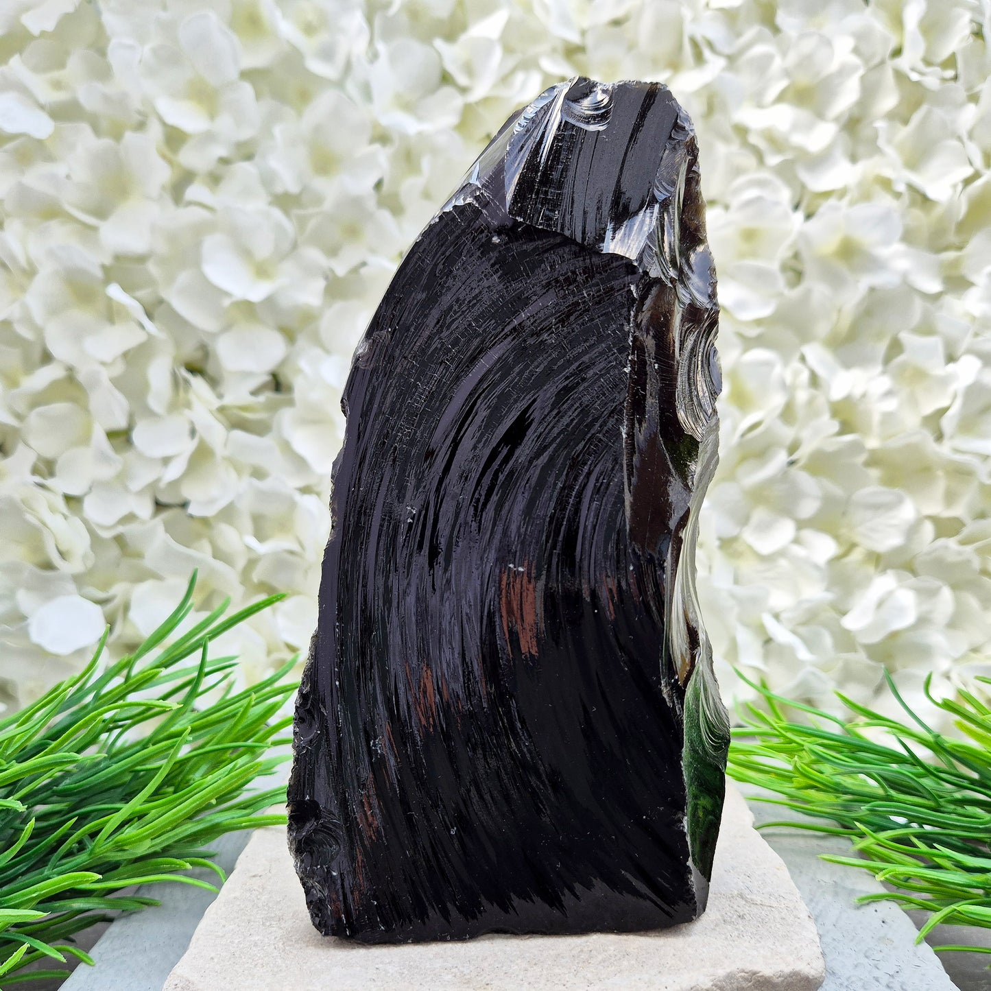 This Black Obsidian freeform has all natural sides and a cut base so it will self stand, highlighting its raw volcanic structure. Fabulous home decor piece.