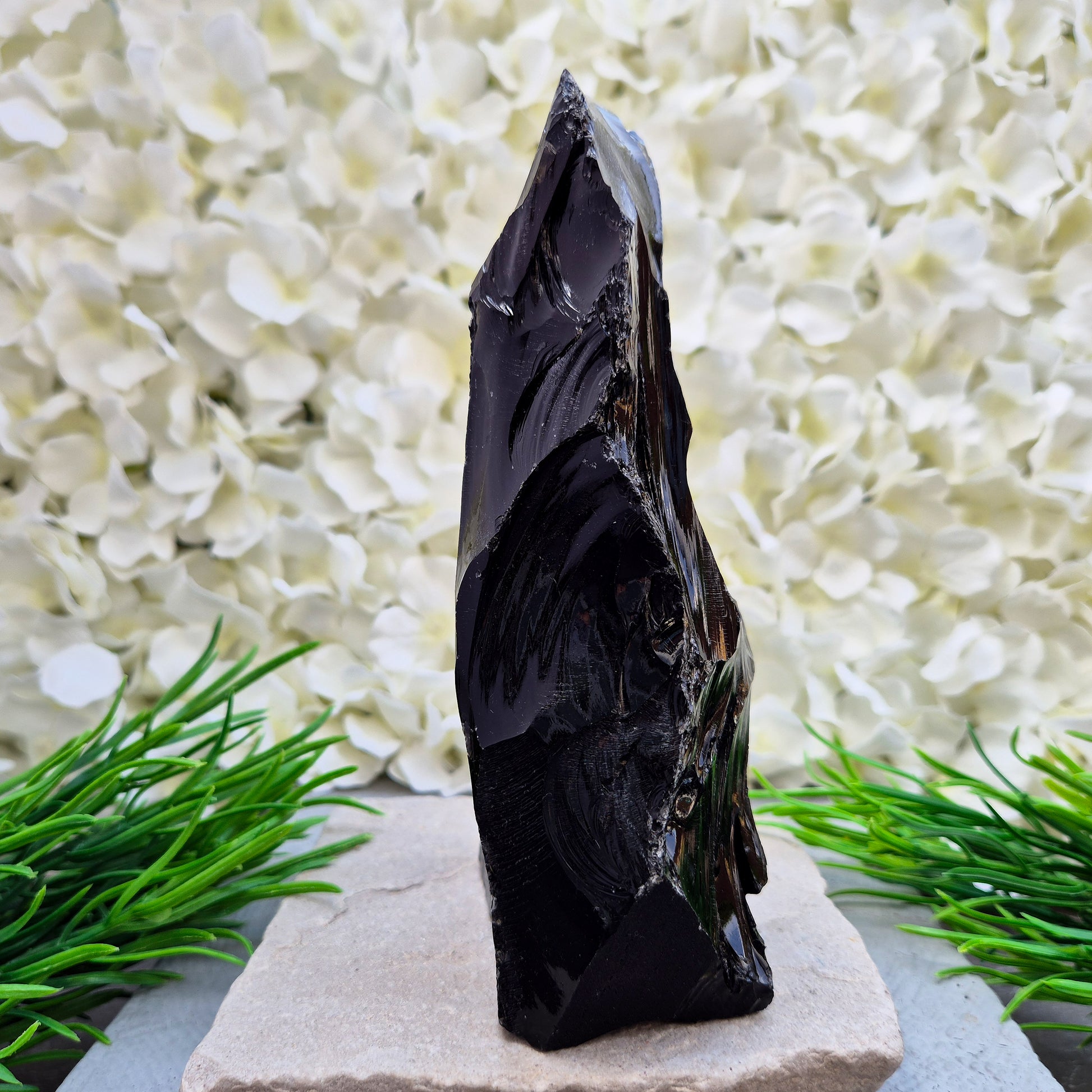 This Black Obsidian freeform has all natural sides and a cut base so it will self stand, highlighting its raw volcanic structure. Fabulous home decor piece.