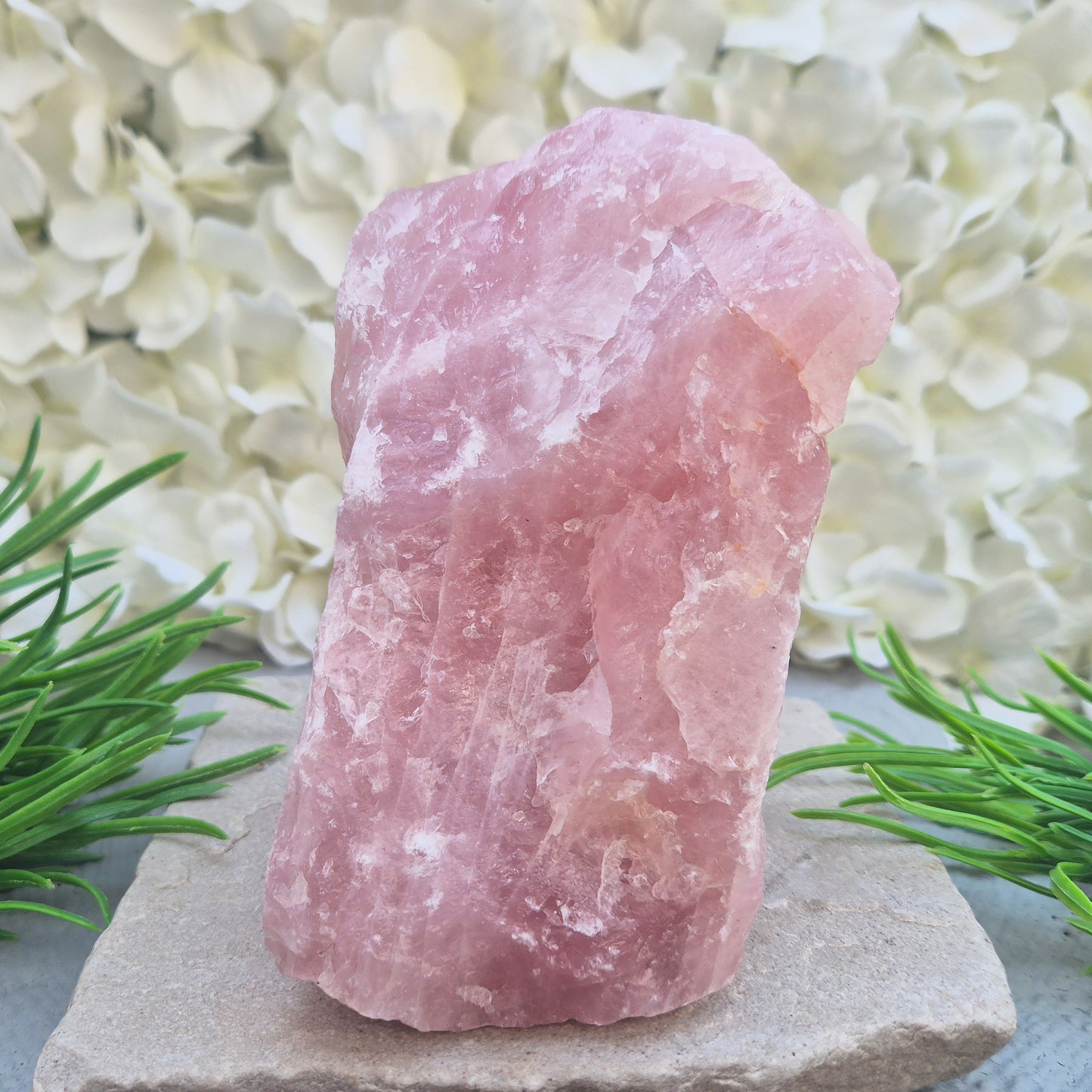 Natural Rose Quartz crystal to display in your home. Promotes calm, self-love, and emotional balance while bringing harmony to your space.