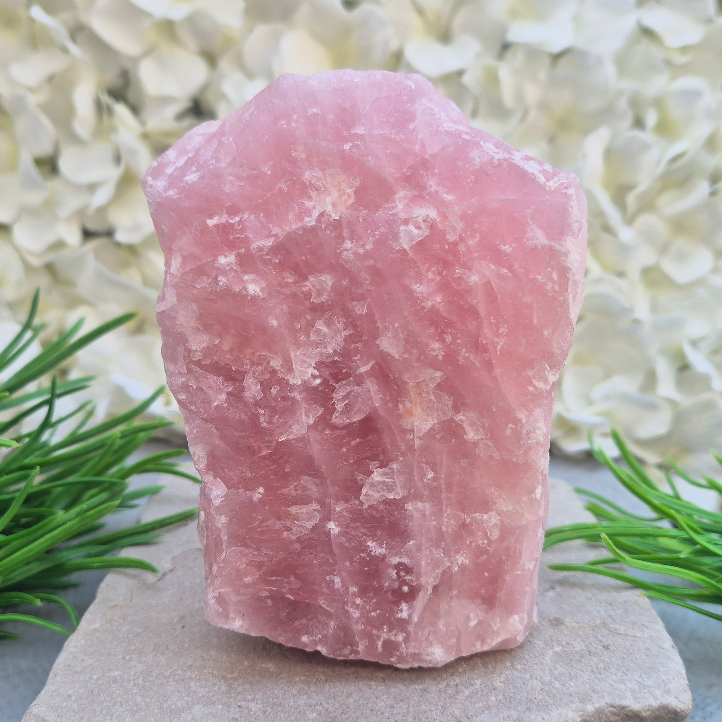 Natural Rose Quartz crystal to display in your home. Promotes calm, self-love, and emotional balance while bringing harmony to your space.