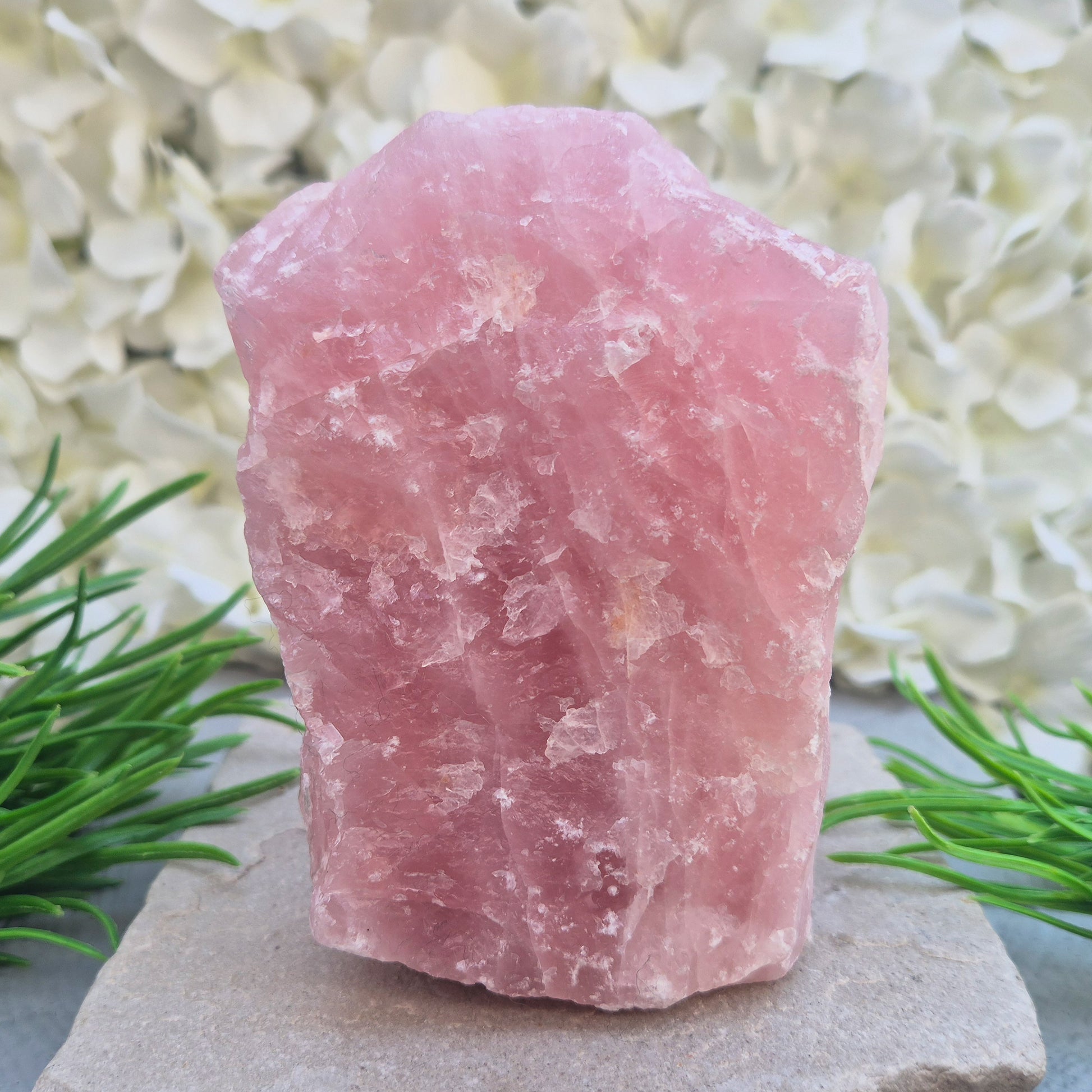 Natural Rose Quartz crystal to display in your home. Promotes calm, self-love, and emotional balance while bringing harmony to your space.