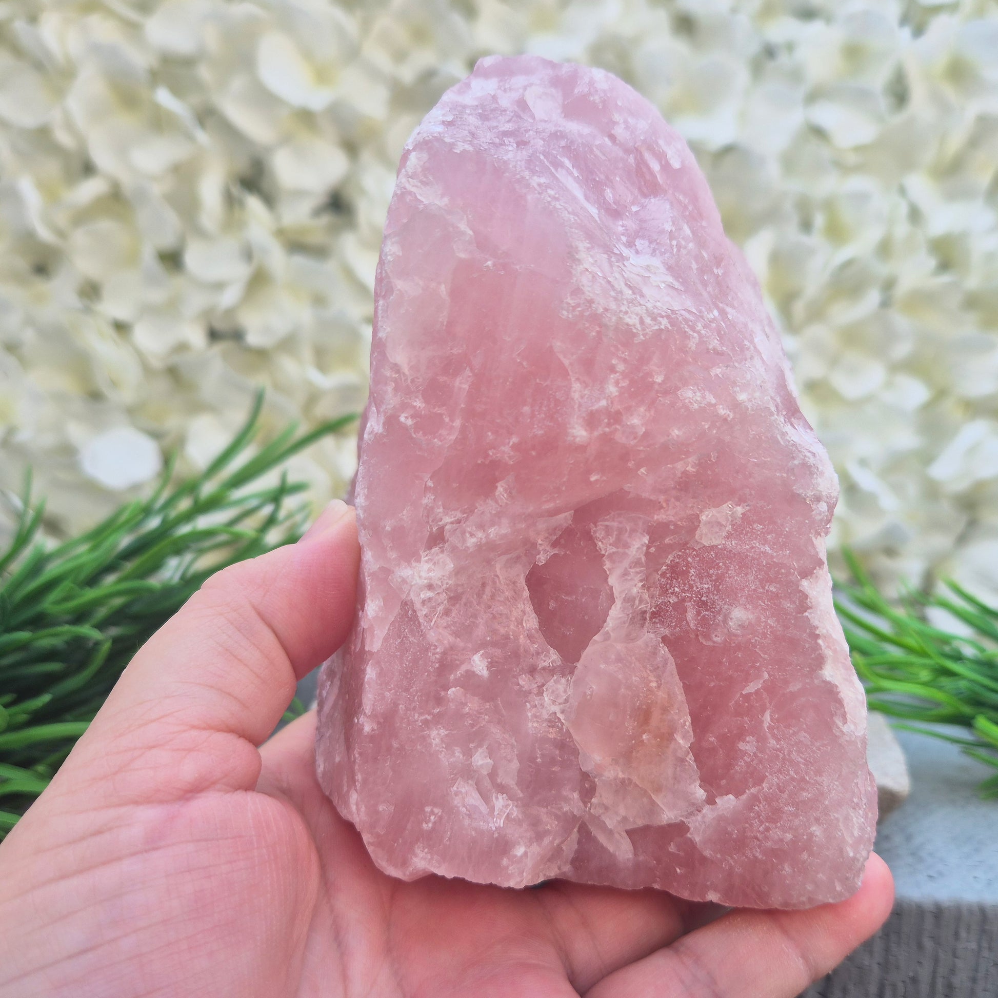 Natural Rose Quartz crystal to display in your home. Promotes calm, self-love, and emotional balance while bringing harmony to your space.