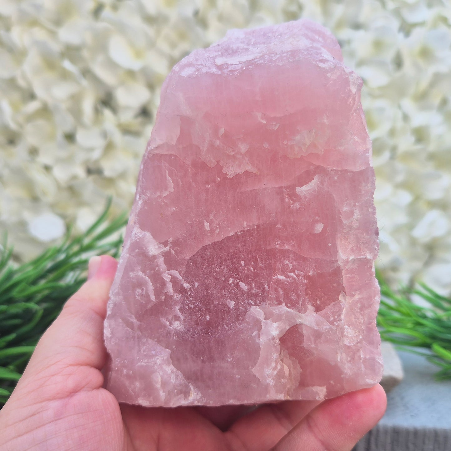 Natural Rose Quartz crystal to display in your home. Promotes calm, self-love, and emotional balance while bringing harmony to your space.