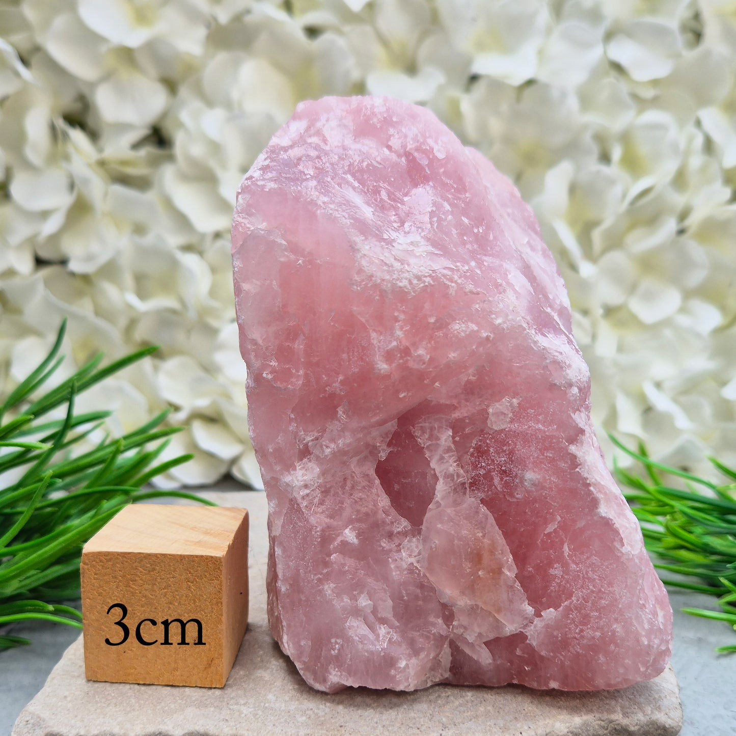 Natural Rose Quartz crystal to display in your home. Promotes calm, self-love, and emotional balance while bringing harmony to your space.