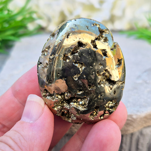 Pyrite palm stone from Peru perfect for boosting confidence, focus, and motivation. A solid, grounding piece to keep close for daily energy support.